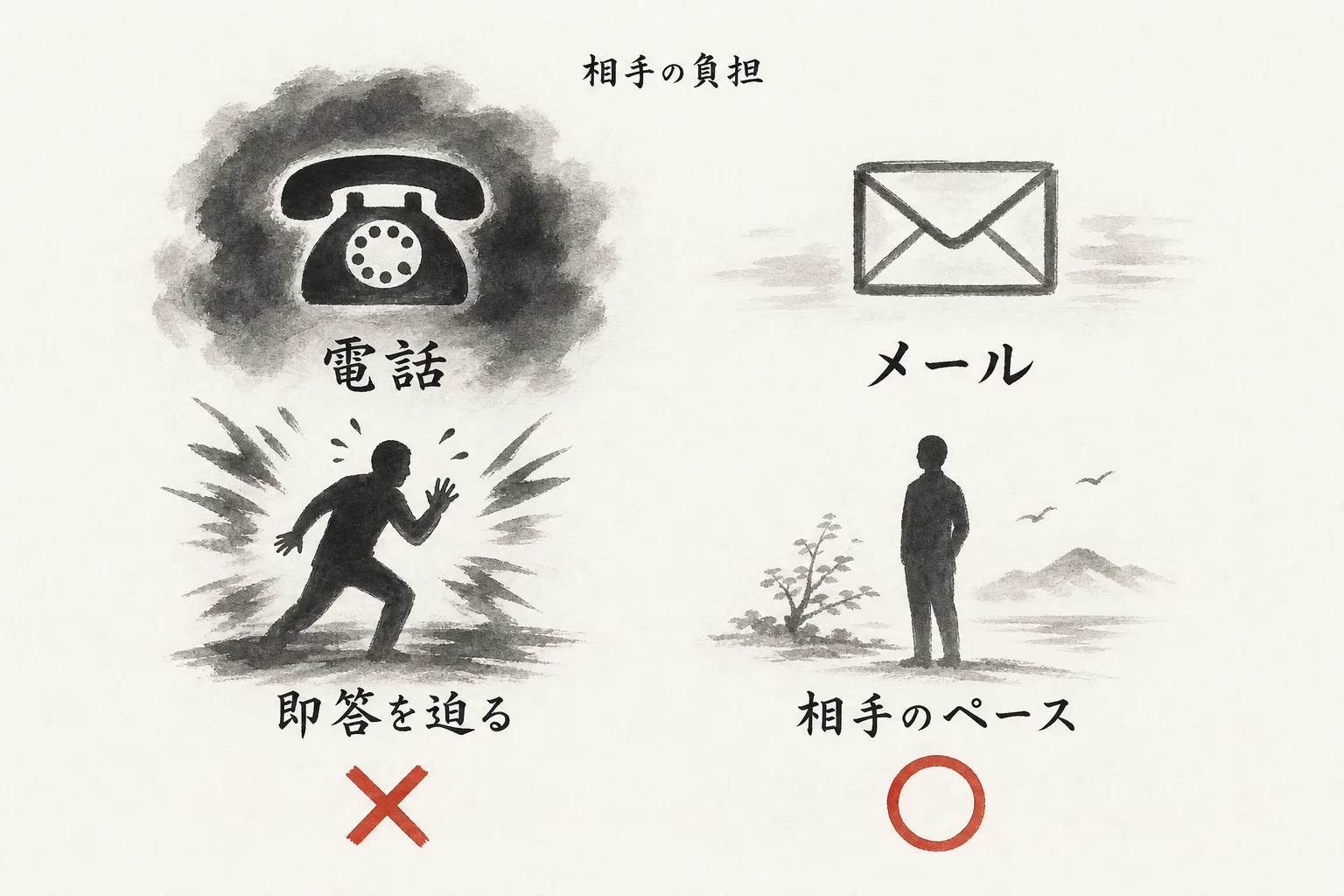 電話とメールの誘い方を比較する墨絵の◯×図
