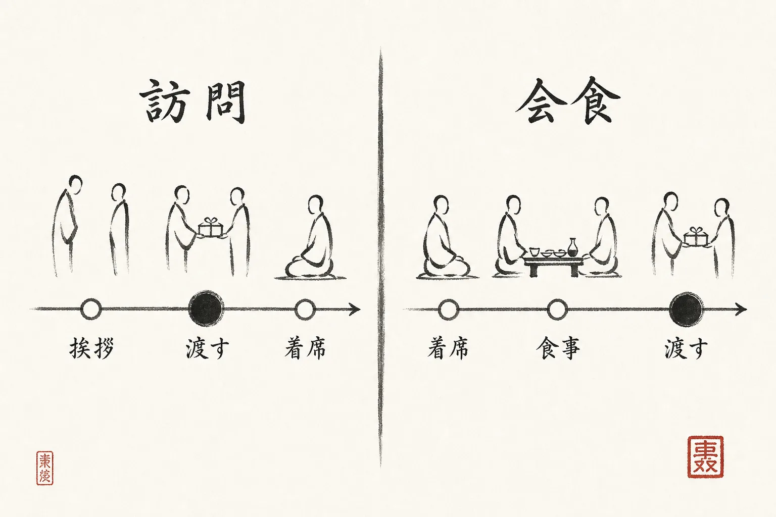 訪問と会食で手土産を渡すタイミングの違いの比較図
