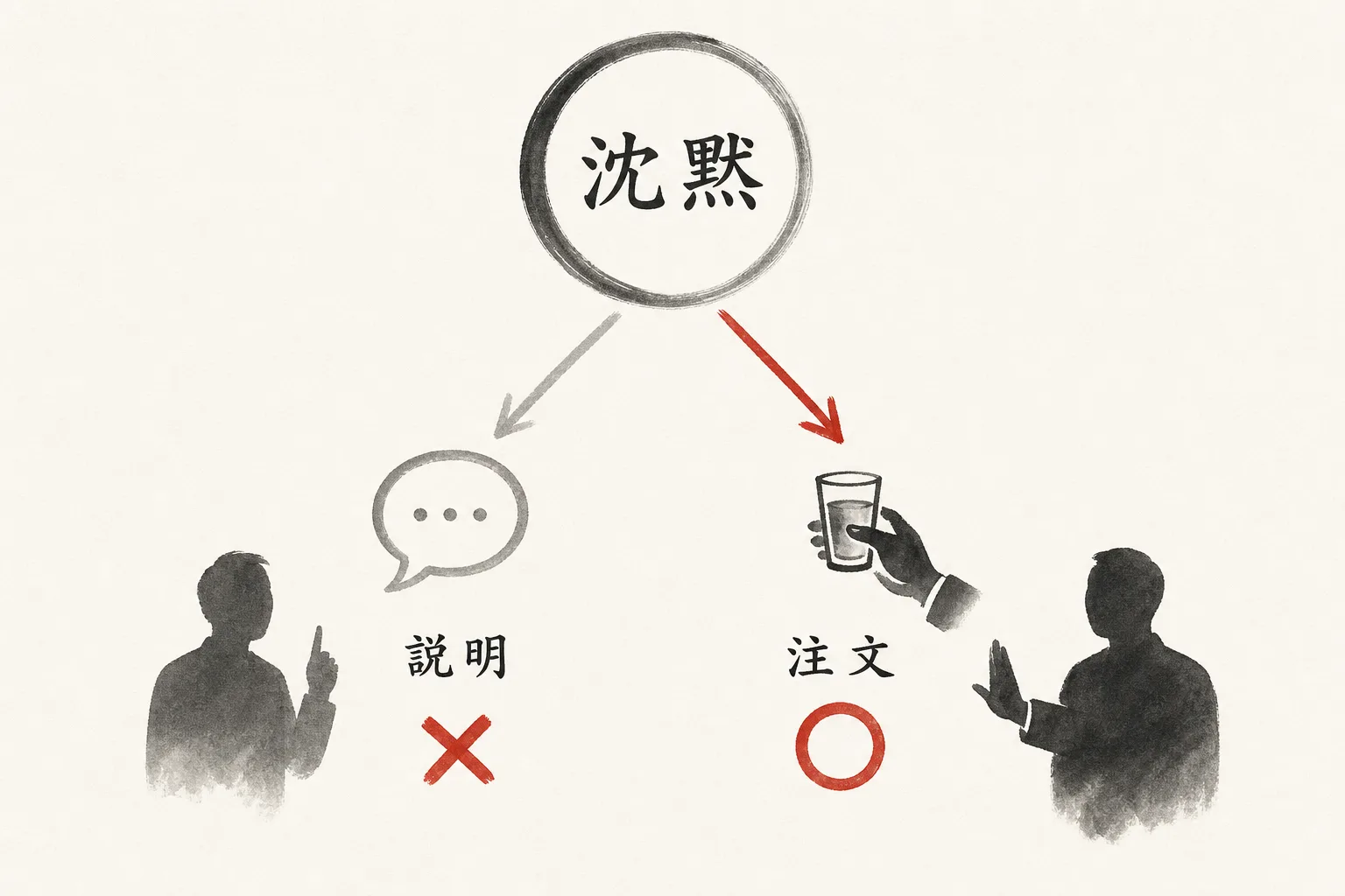 沈黙の場面で自分の説明はNG、注文や酌の仕事はOKと示す分岐図