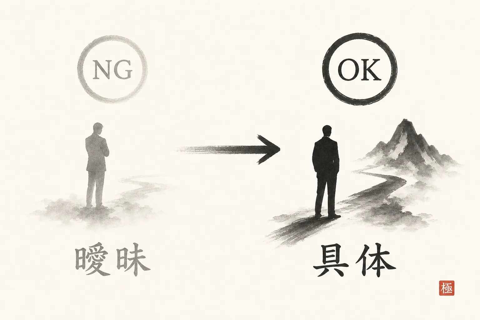 曖昧な一言から具体的な一行への言い換えを示す比較図