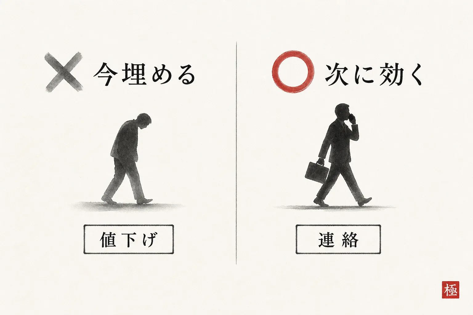 今の暇を埋める動きと次の繁忙期に効く動きを左右2列で対比する図
