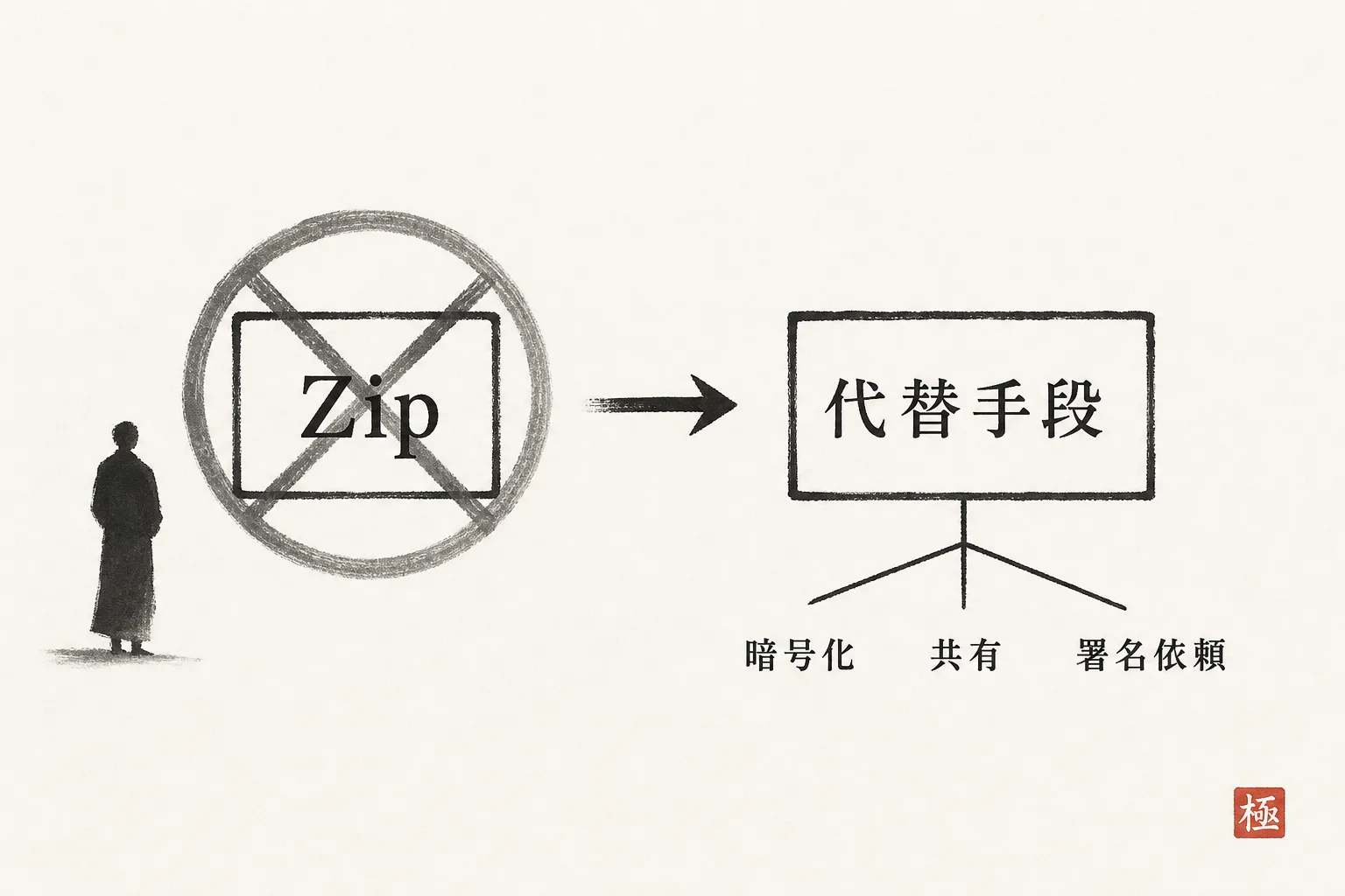 パスワード付きZip廃止から代替手段へ移行する流れを示す図