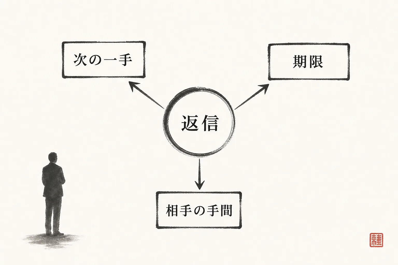 返信前に埋める3項目(次の一手・期限・相手の手間)の関係を示す構造図