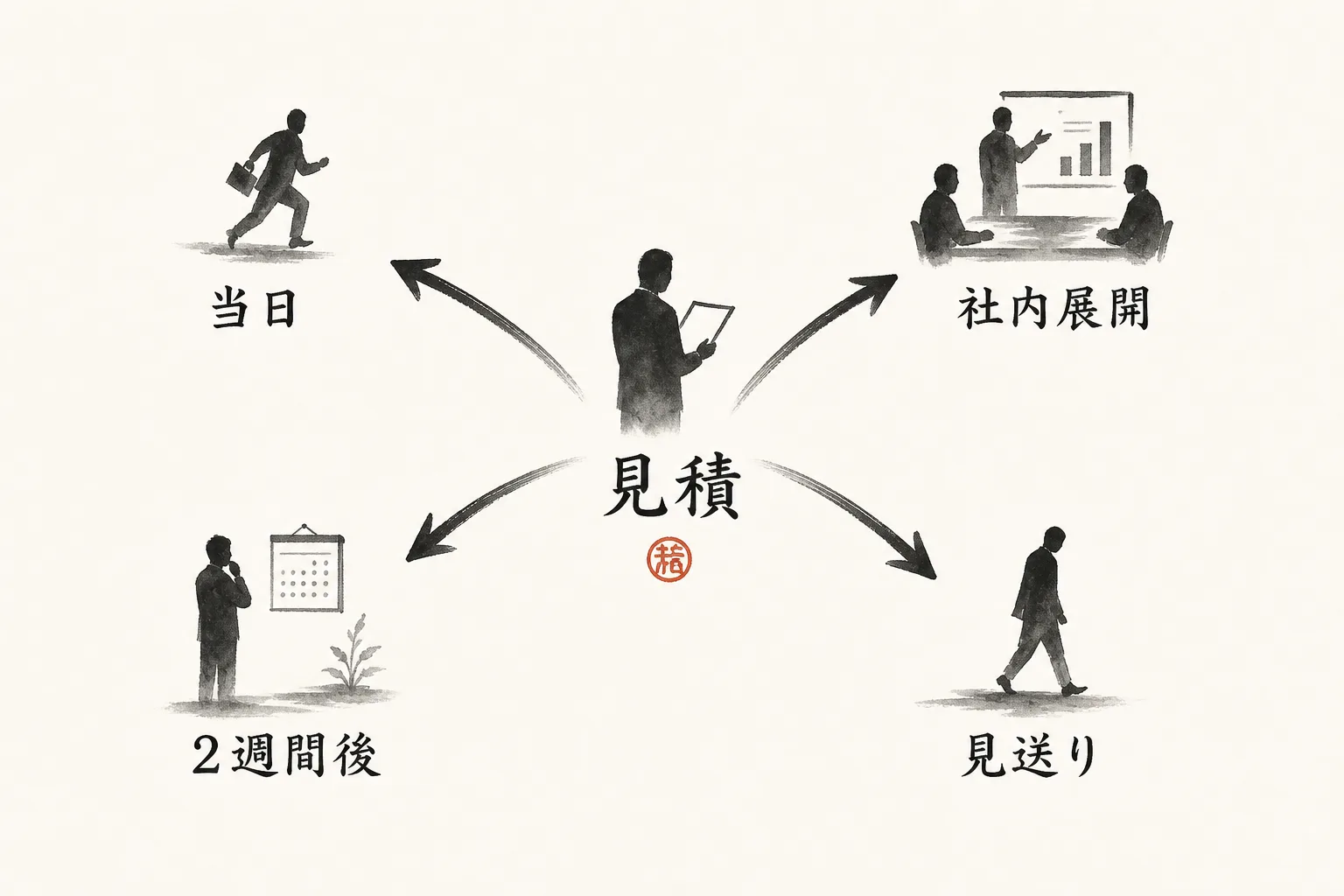 見積提出後、相手の状況に応じて返信を4パターンに分岐させるフロー図