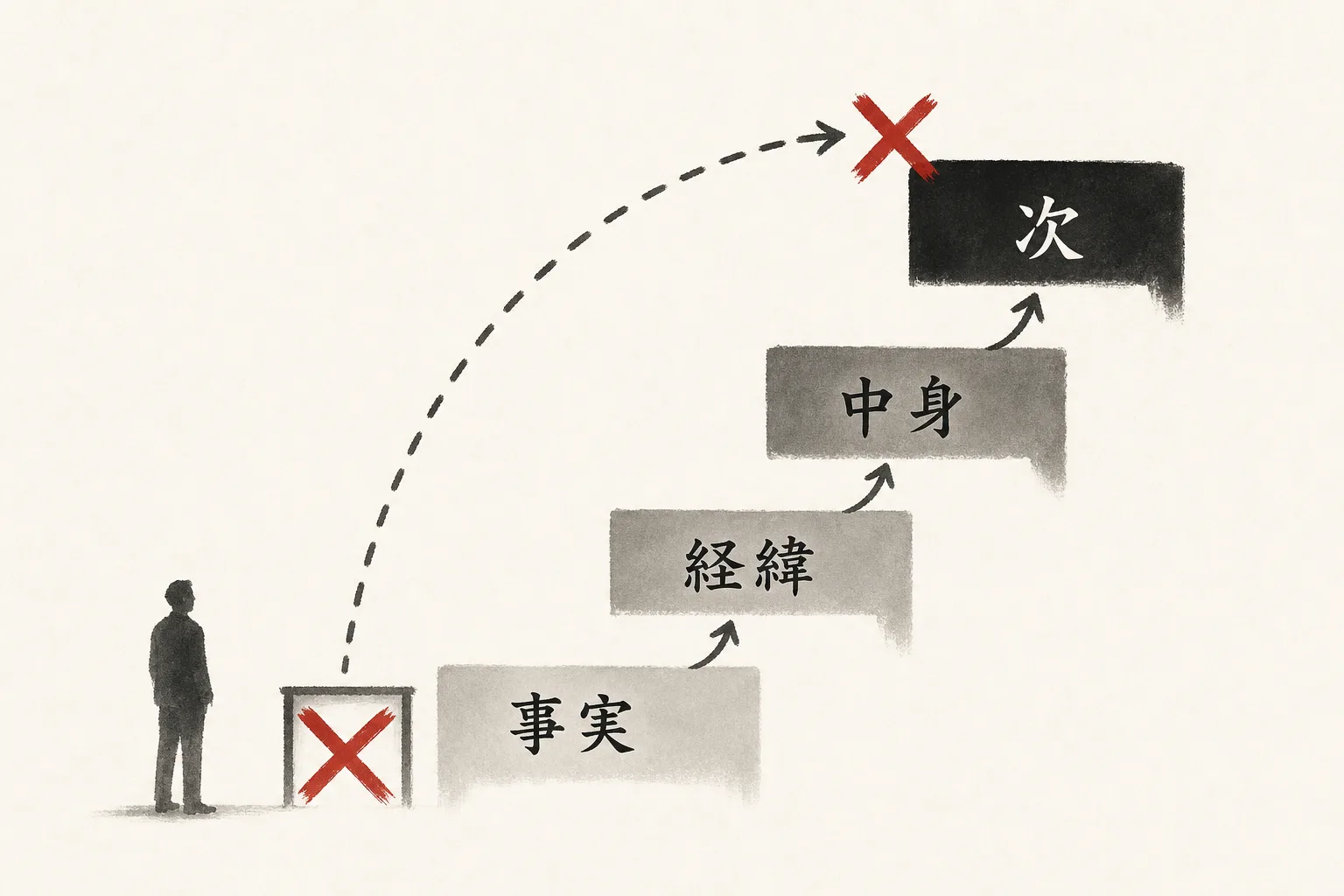 事実・経緯・中身・次と4段で質問を上げる階段状の図