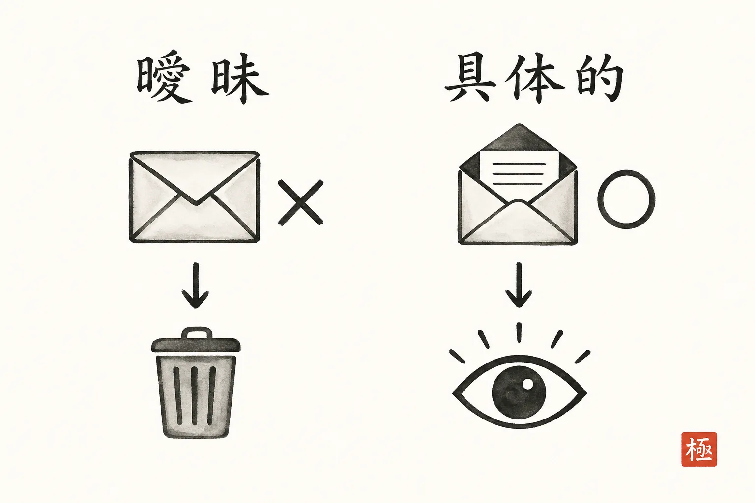 件名と冒頭文で営業メール認定が分かれる違いを示す図