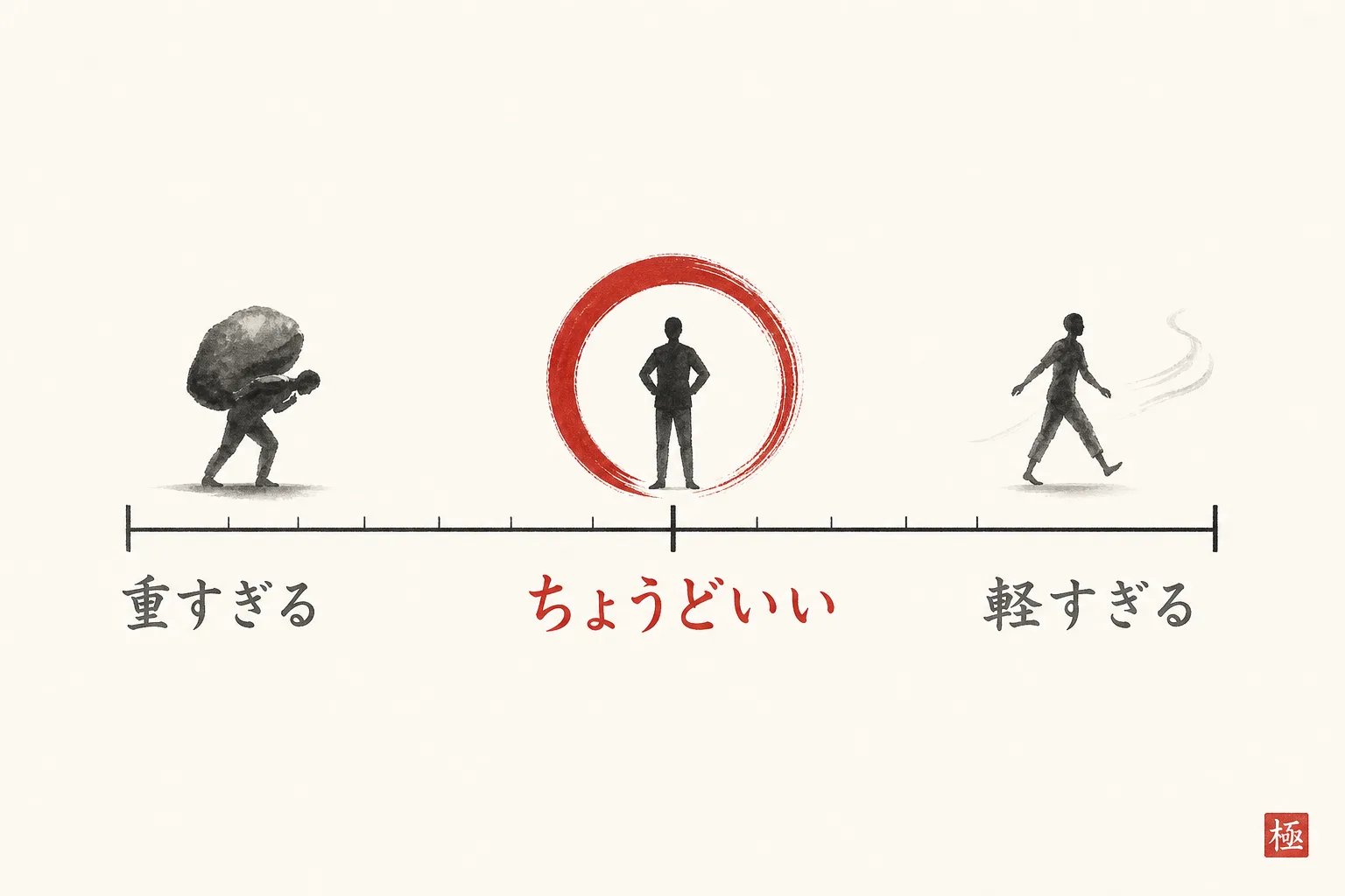 重すぎる例と軽すぎる例を対比し、ちょうどいい頼み方の位置を示す比較図