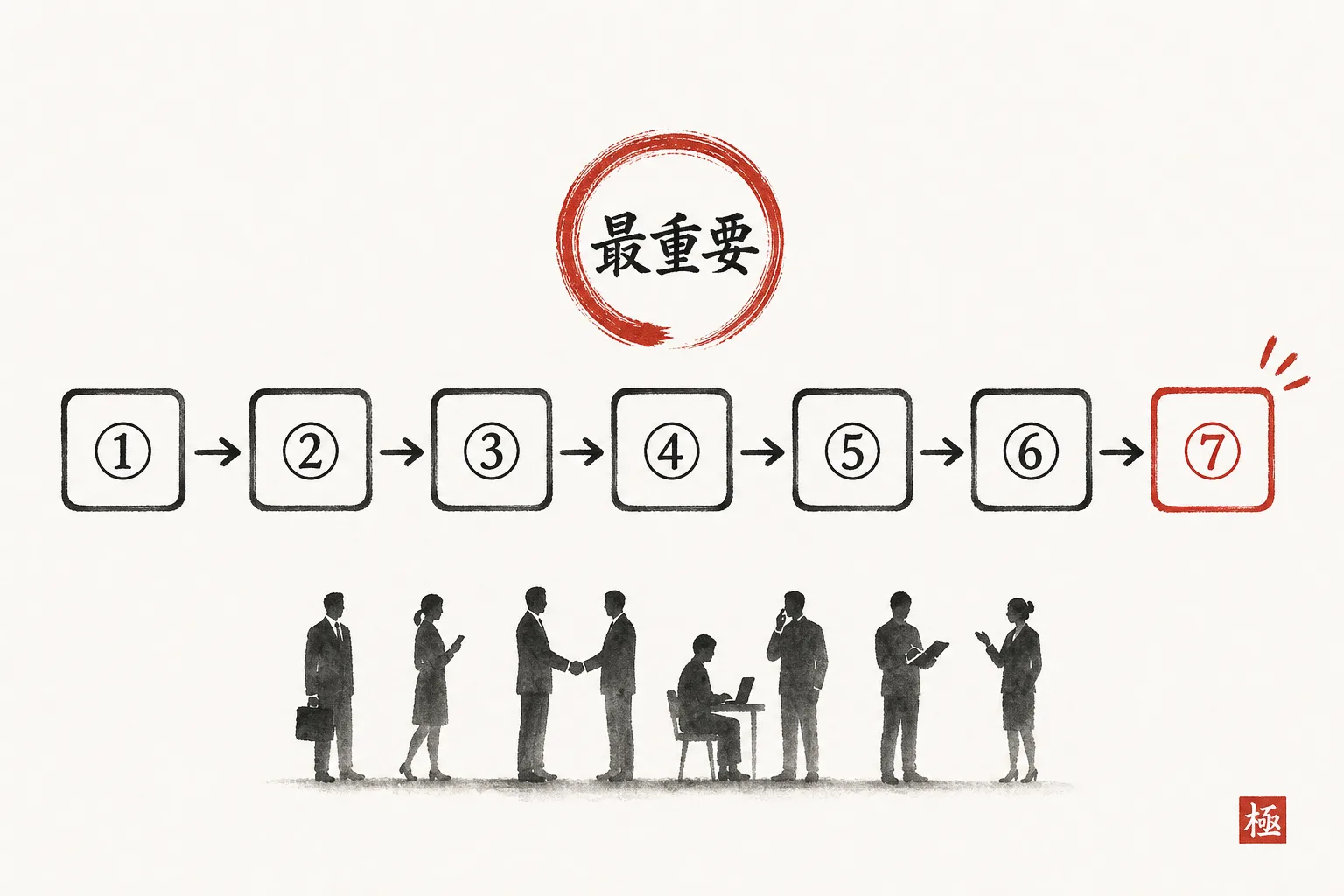 顧客管理表の7項目を並べ、⑦の連絡口実の重要度を示した図