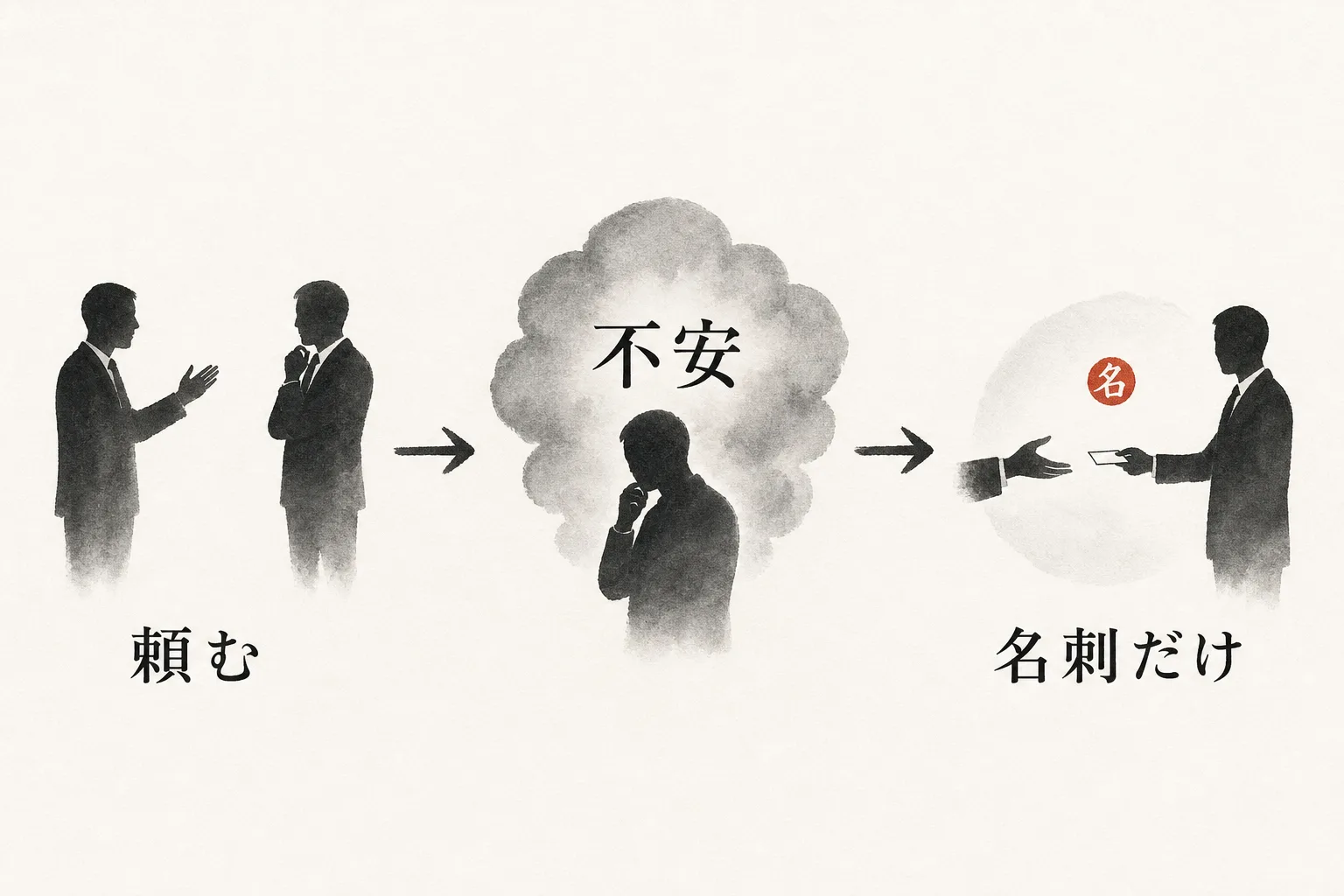 頼むと対等でなくなる不安から名刺交換だけで終わる因果図