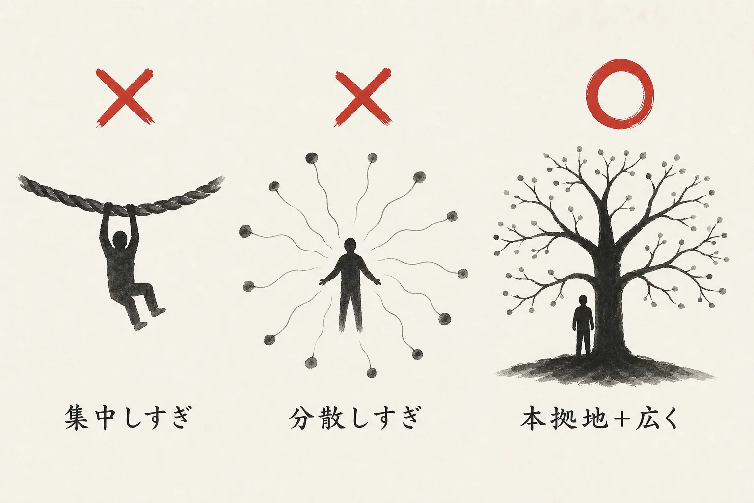 集中・分散しすぎ・バランスの◯×図