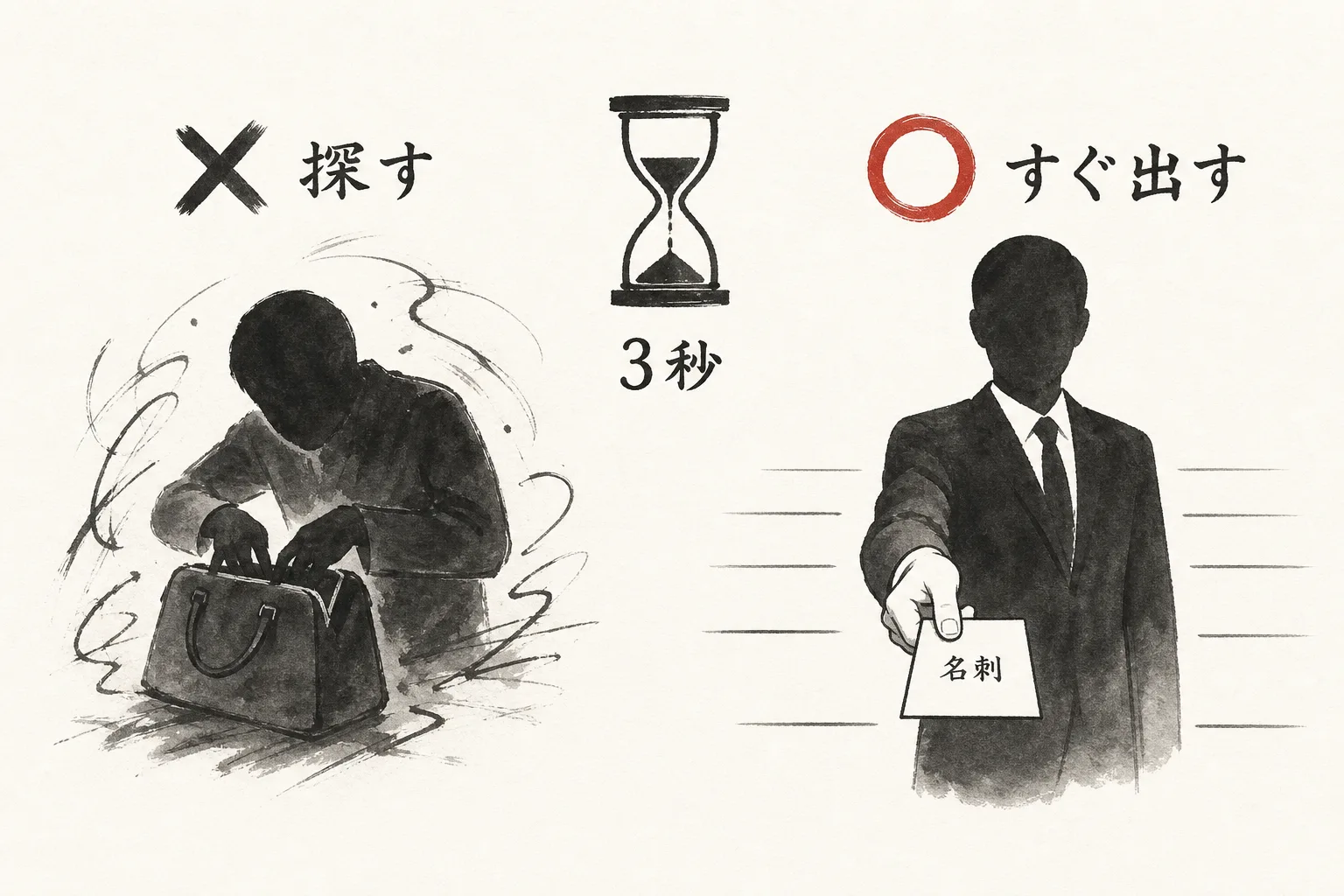 名刺交換の3秒の準備差を示す◯×図