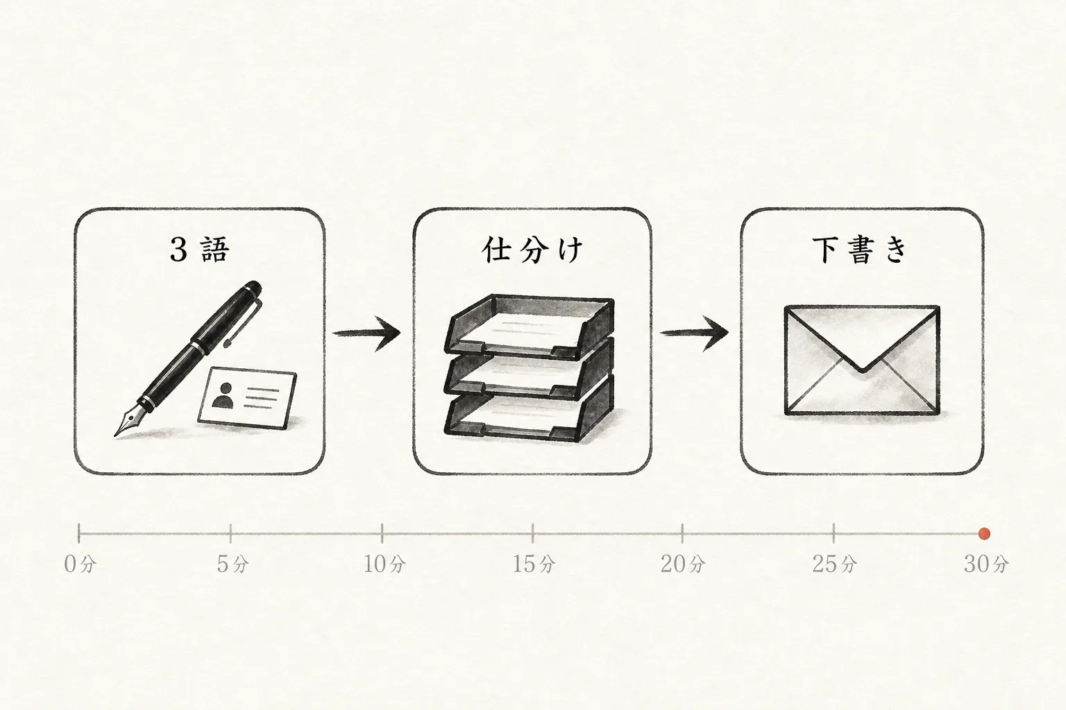 帰り道15分を3語メモ・仕分け・下書きに分ける手順図