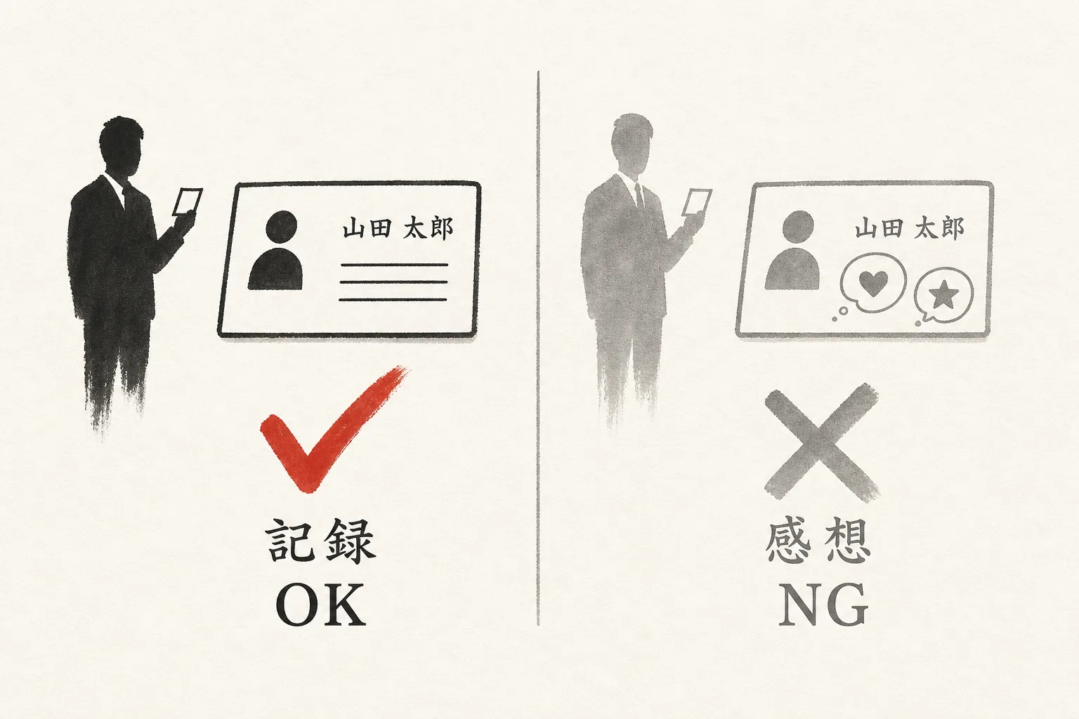 記録になる3語と記録にならない感想を左右で比べる図