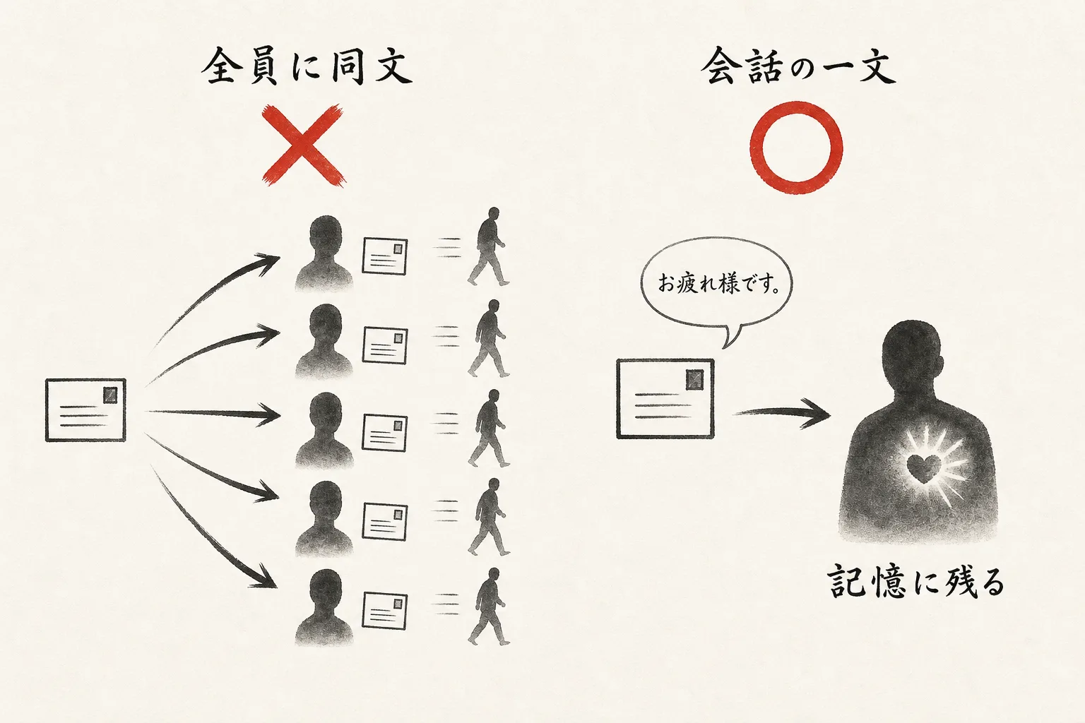 一斉送信と具体的な一文の対比図
