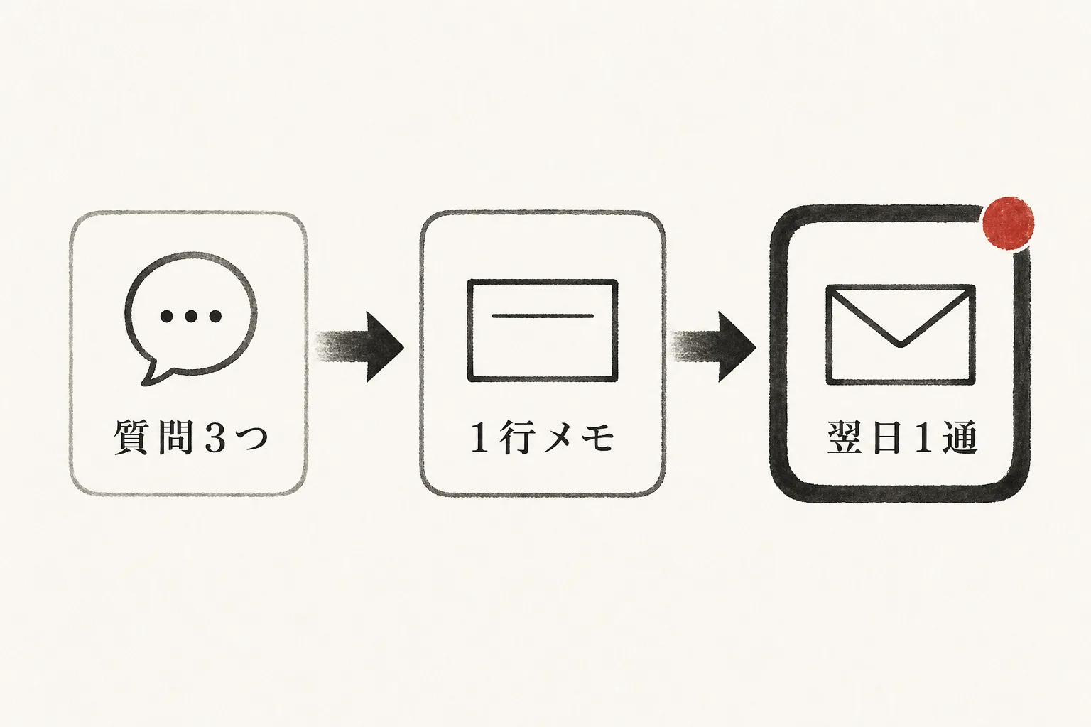 質問3つからメモ1行、翌日1通へ至る流れの図