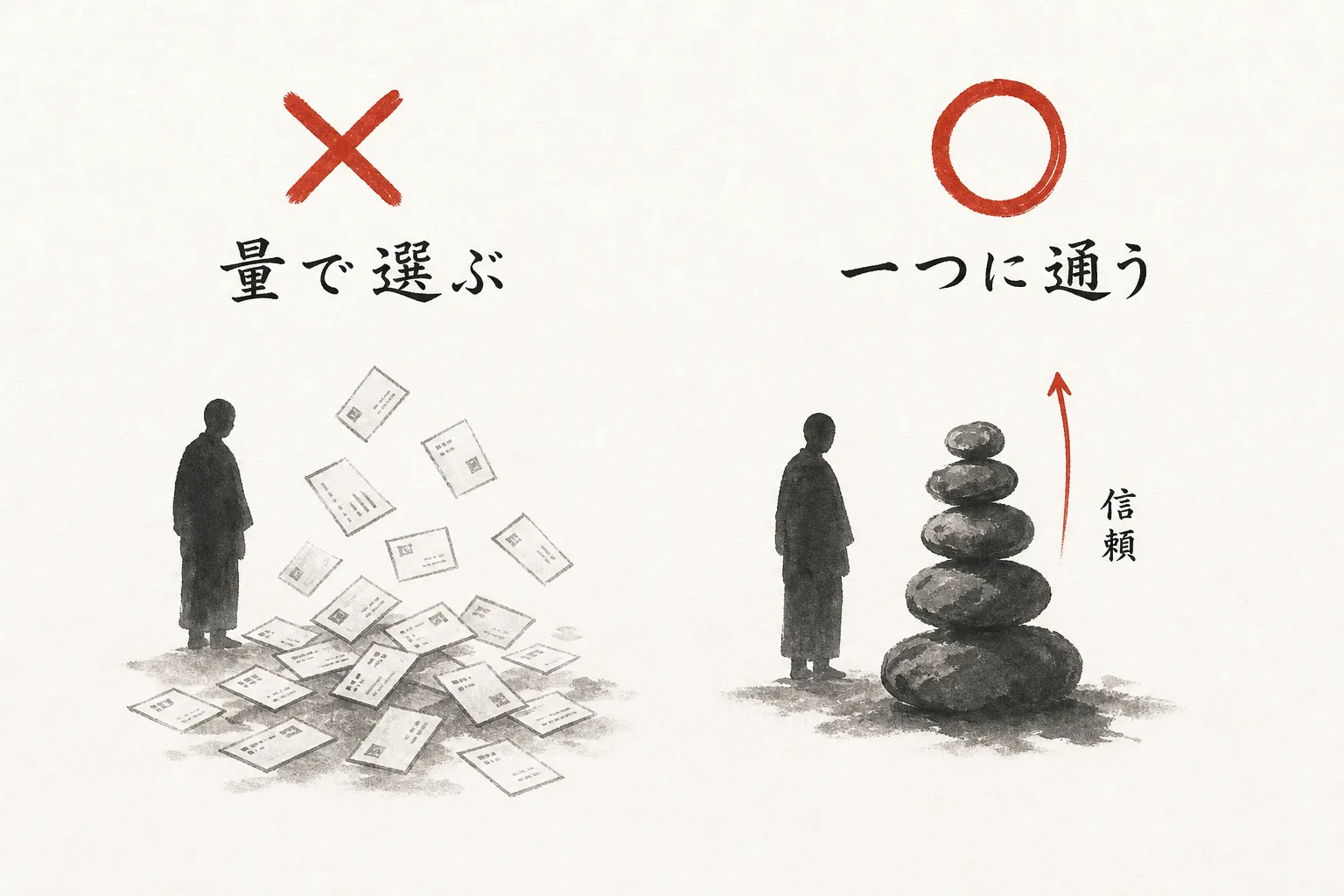 量で選ぶ会と通い続ける会の◯×比較図