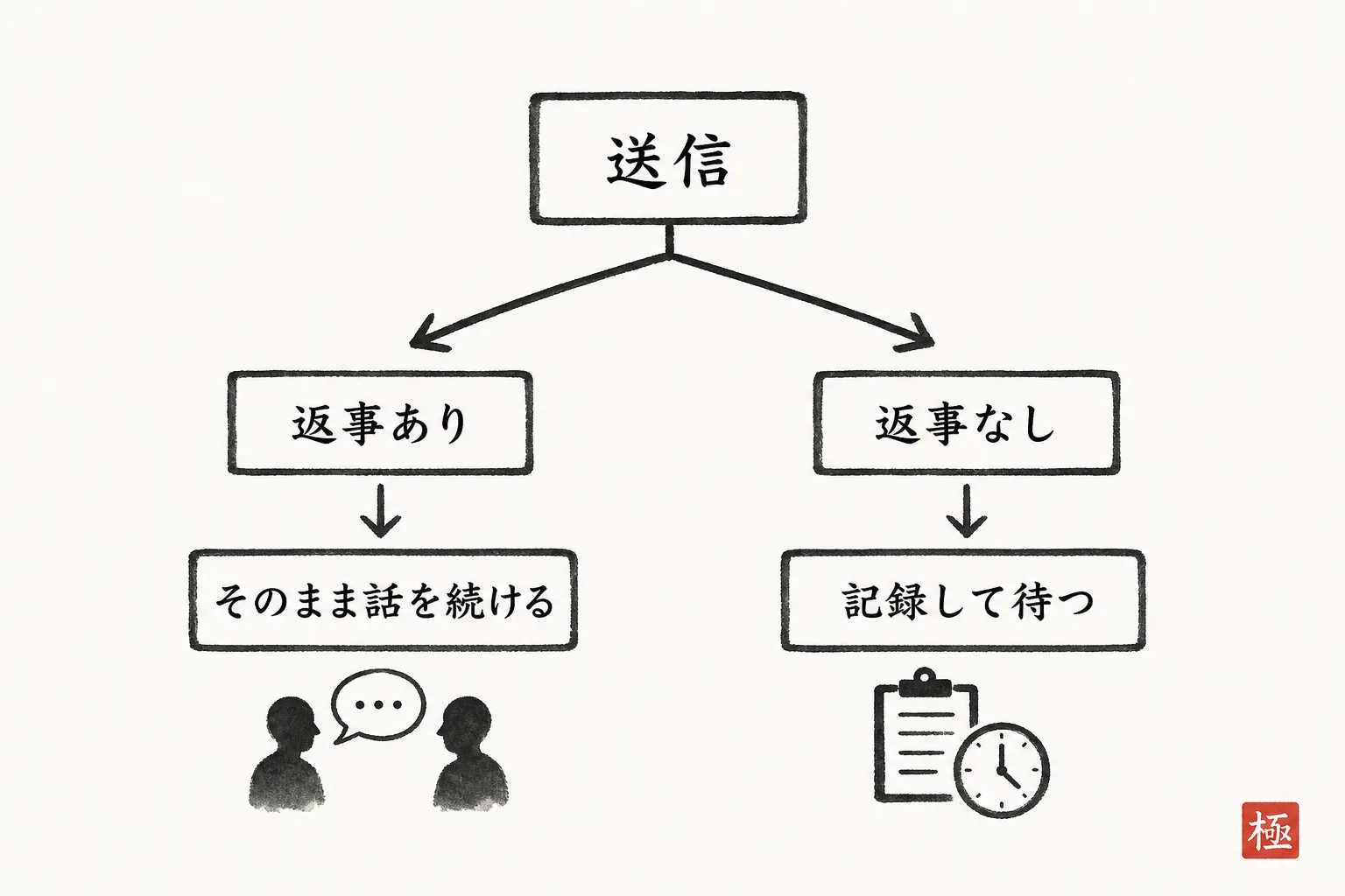 区切りメール送信後の「返事あり/なし」で対応が分かれる流れ図