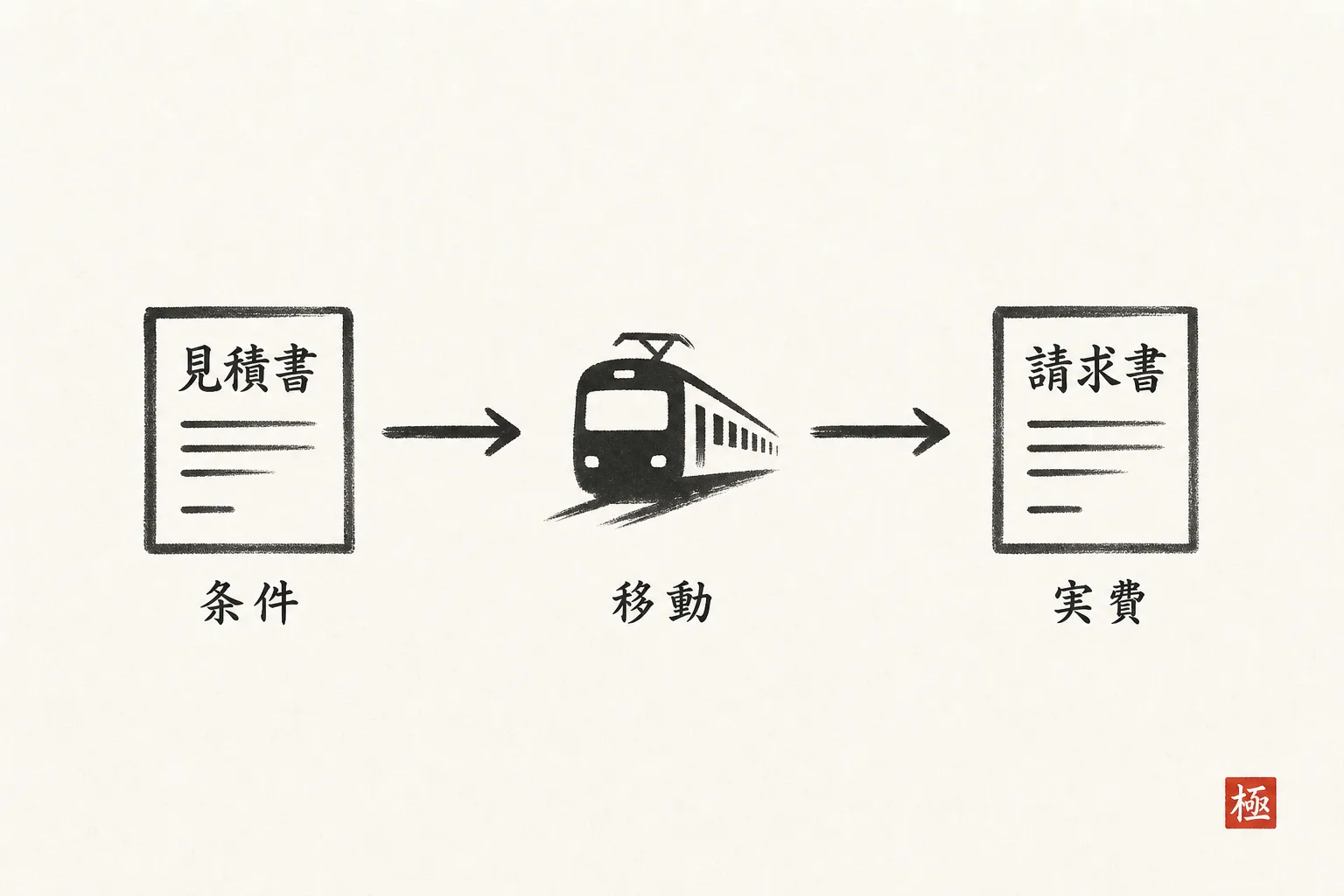 見積書の条件から請求書の実費行への流れ図