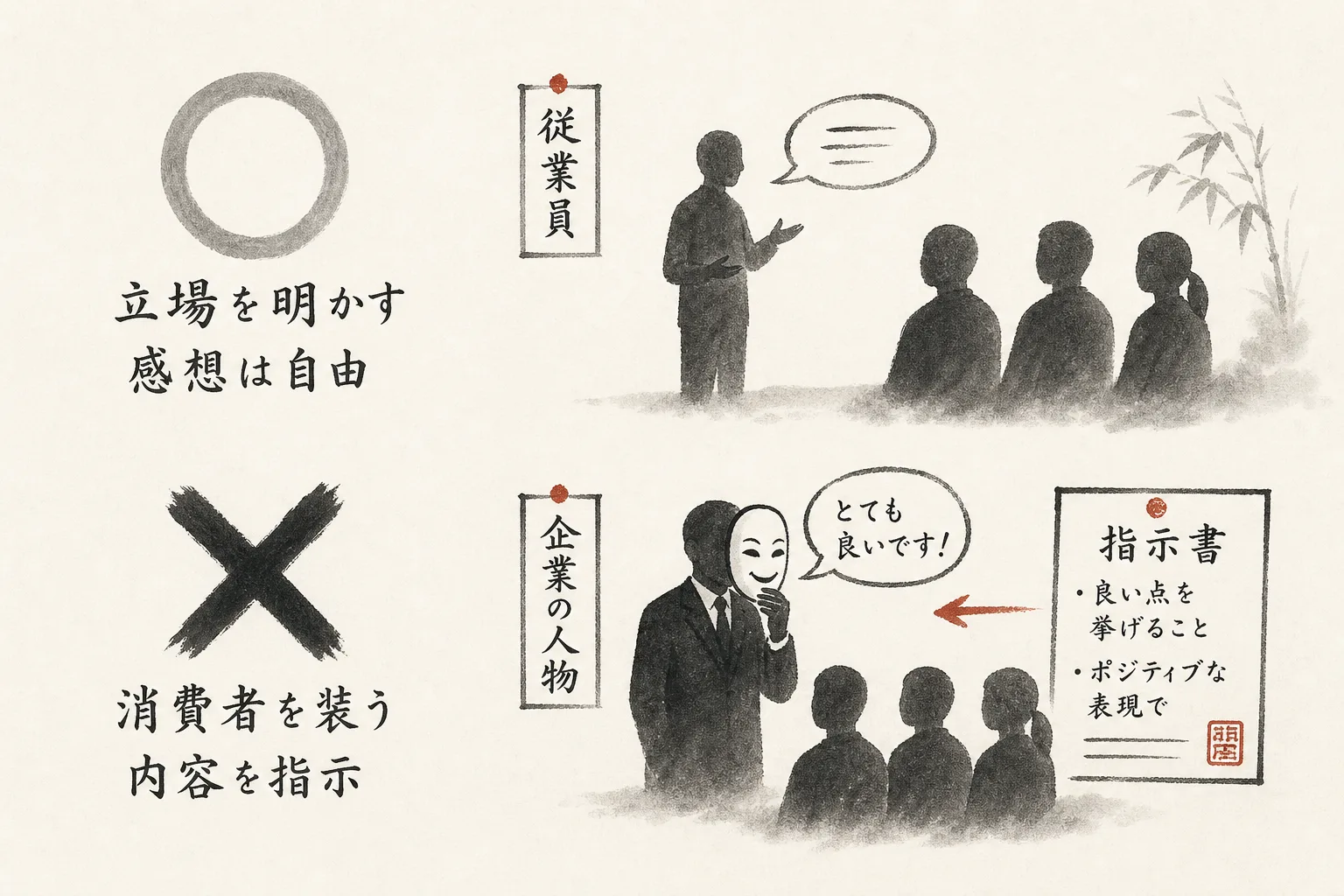 ステマ規制のセーフとアウトを示す◯×図