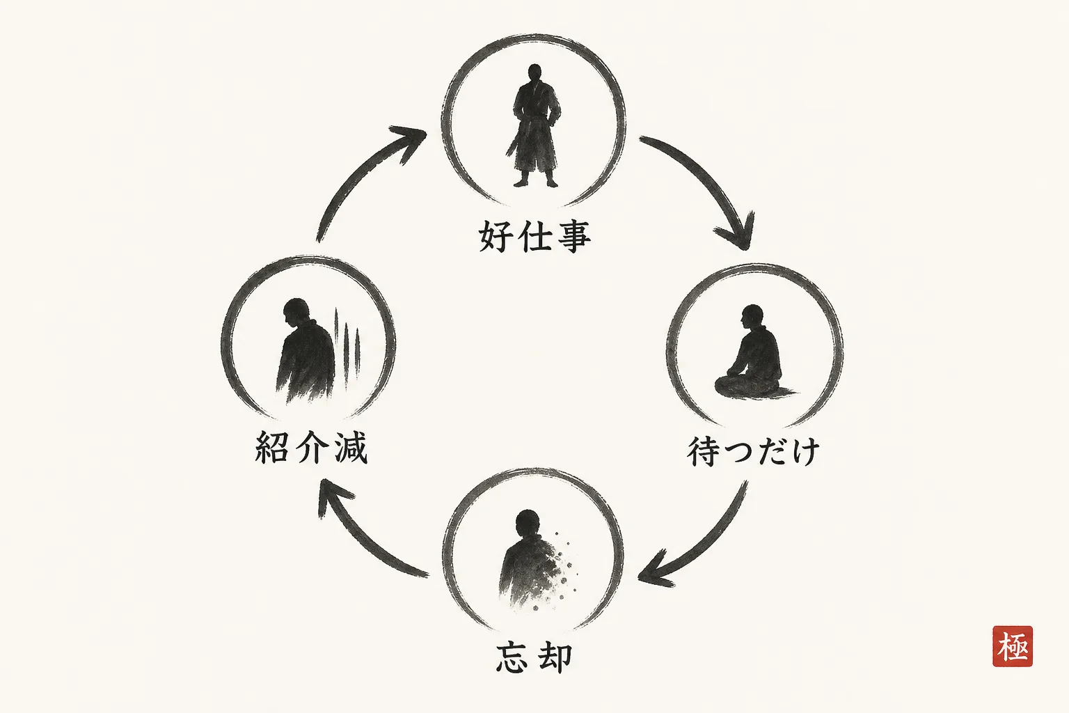 紹介待ち型が仕事を忘れられていく悪循環を示す円環の因果図