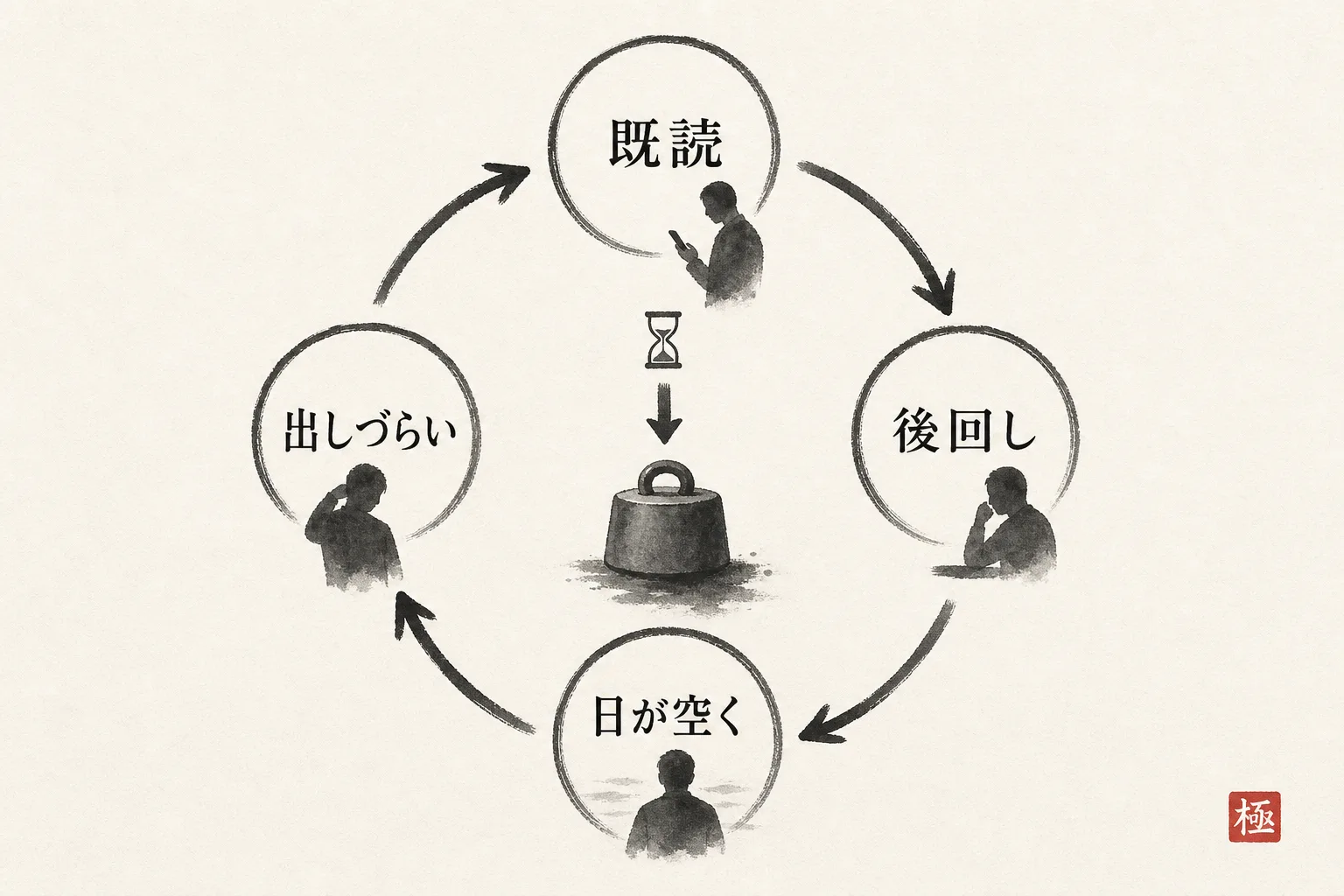 返信を後回しにするほど出しづらくなる悪循環を示す円形ループ図