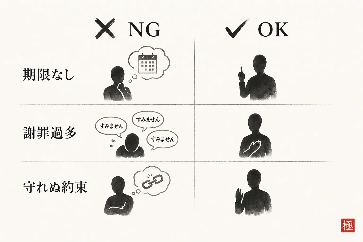 NGとOKの表現を3項目で対比させたシンプルな二列比較図