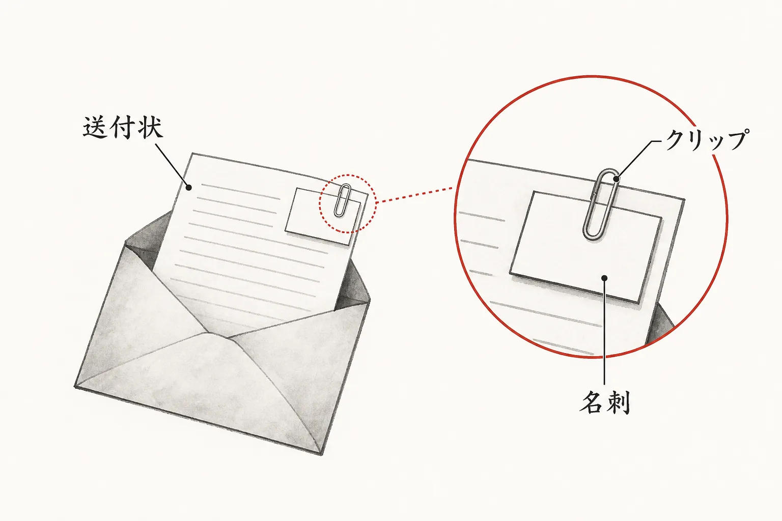 封筒の中身は送付状に名刺をクリップでとめて入れる構造図