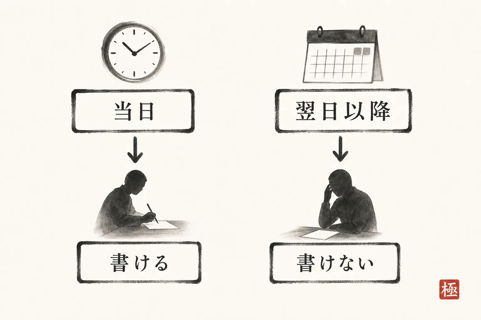 返信までの時間経過と書きやすさの関係を示す対比図