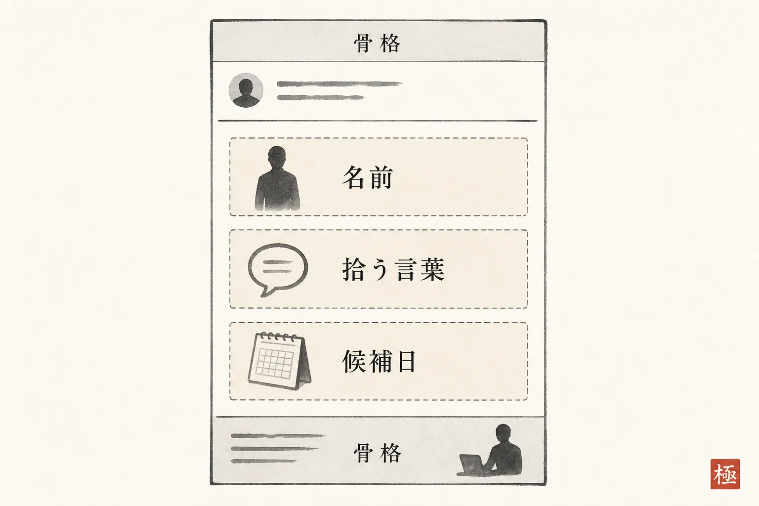メール文面の共通部分と相手ごとに差し替える部分を示す構造図
