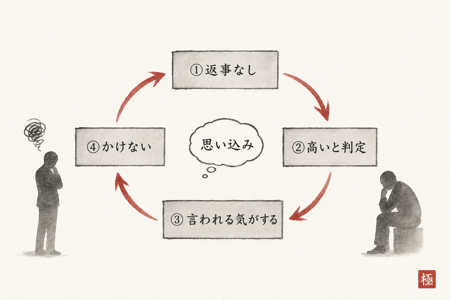 返事がないと自分で高いと決めつけてしまう思考の悪循環を示す図