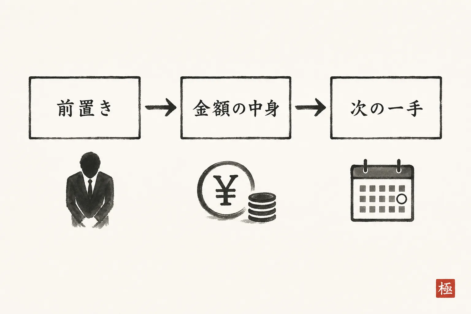 見積LINEを送る3ステップの流れを示す横並び図