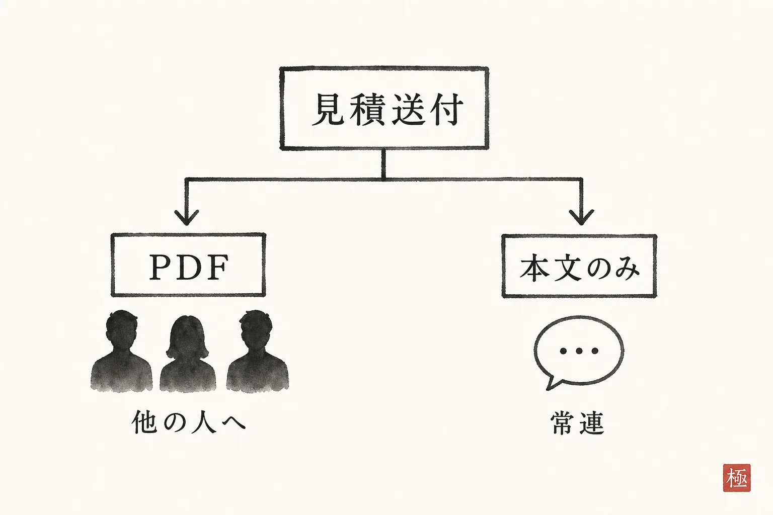 PDF送付と本文のみで済ます場面を左右に分ける判断図