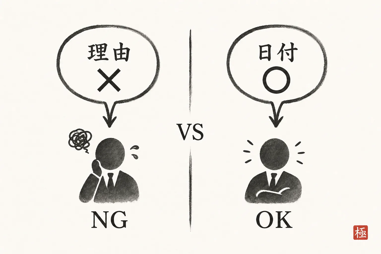 理由を先に書く文面と日付を先に書く文面を左右比較する図