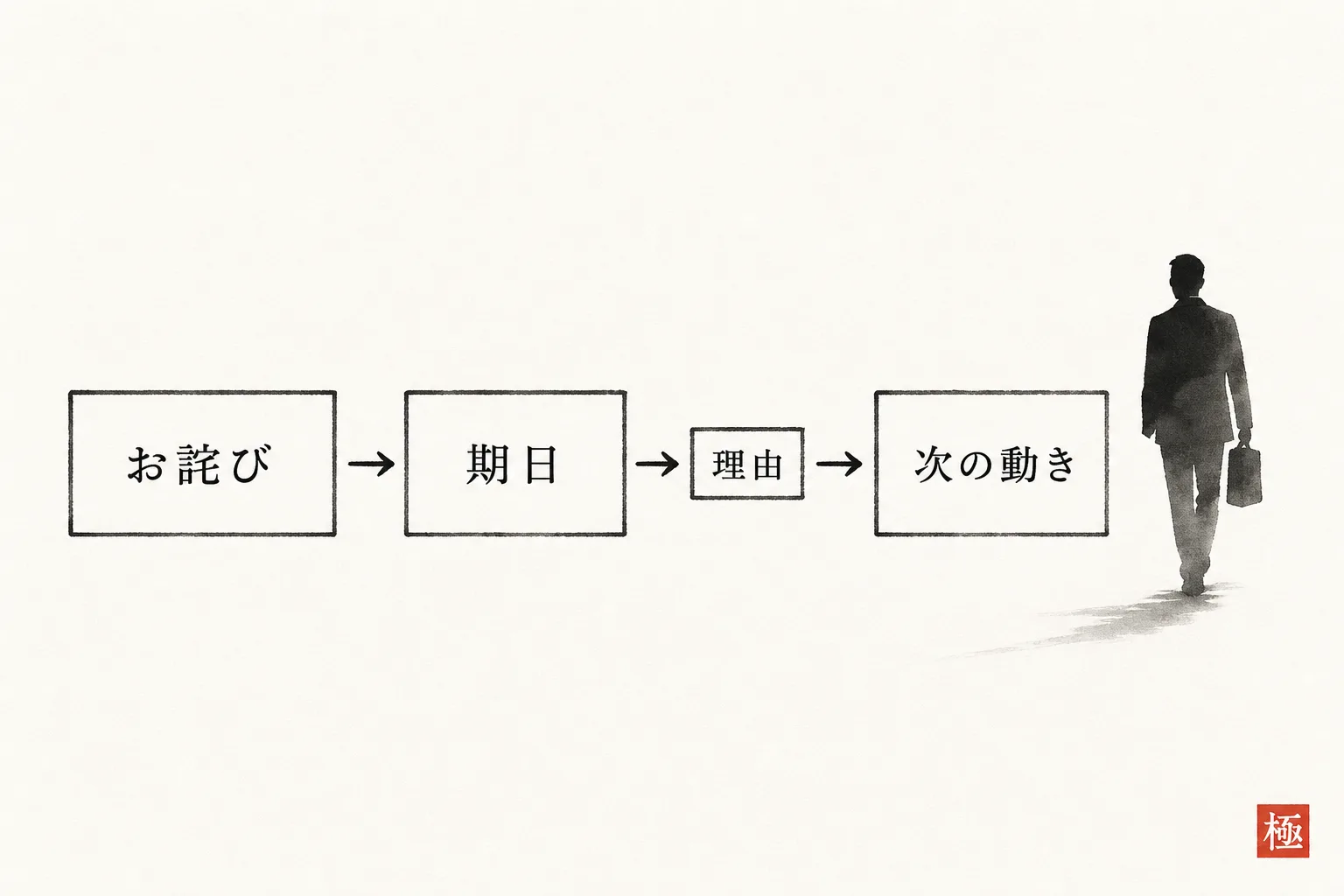 お詫び・期日・理由・次の動きの順に並ぶ文章構成の4ステップ図