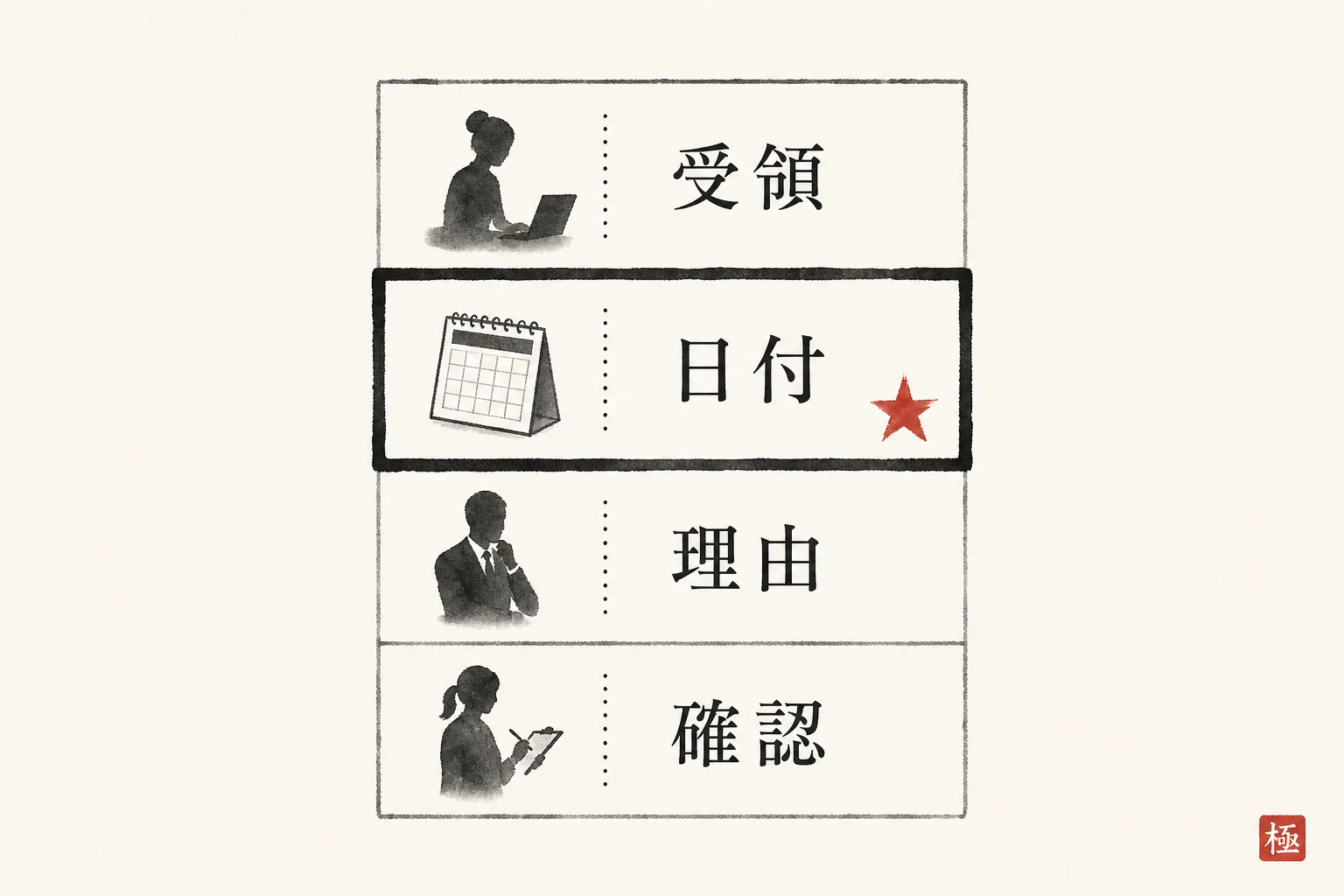 見積連絡メールの4要素構成と日付の重要度を示す図