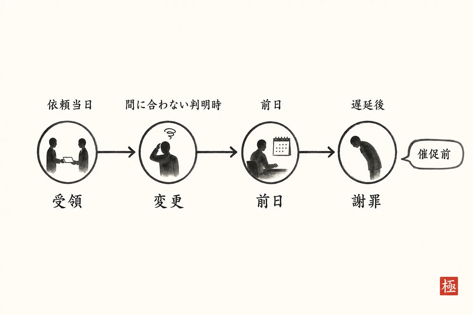 4つの出来事に応じた連絡タイミングを示すタイムライン図
