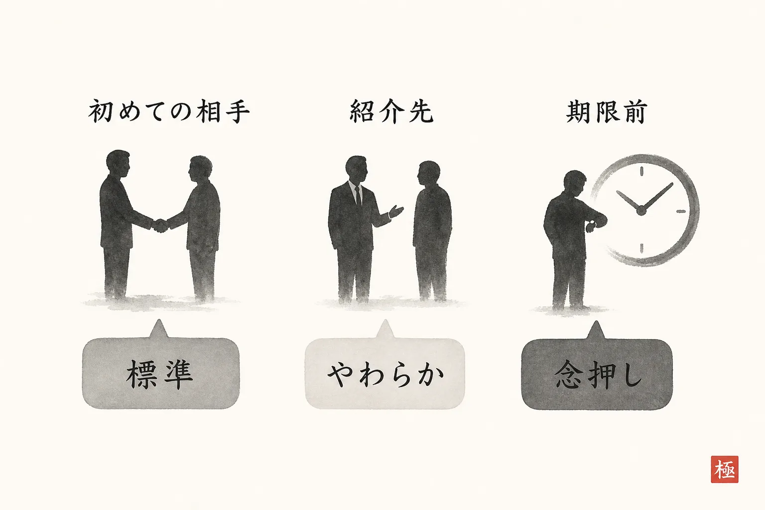 相手のタイプ別に3種類の例文トーンを対比する図解