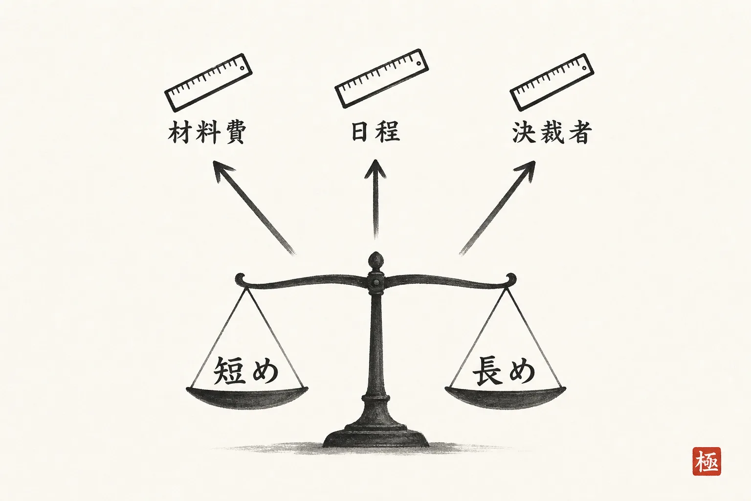 3つの判断基準で期限を短めか長めか決める天秤の図解