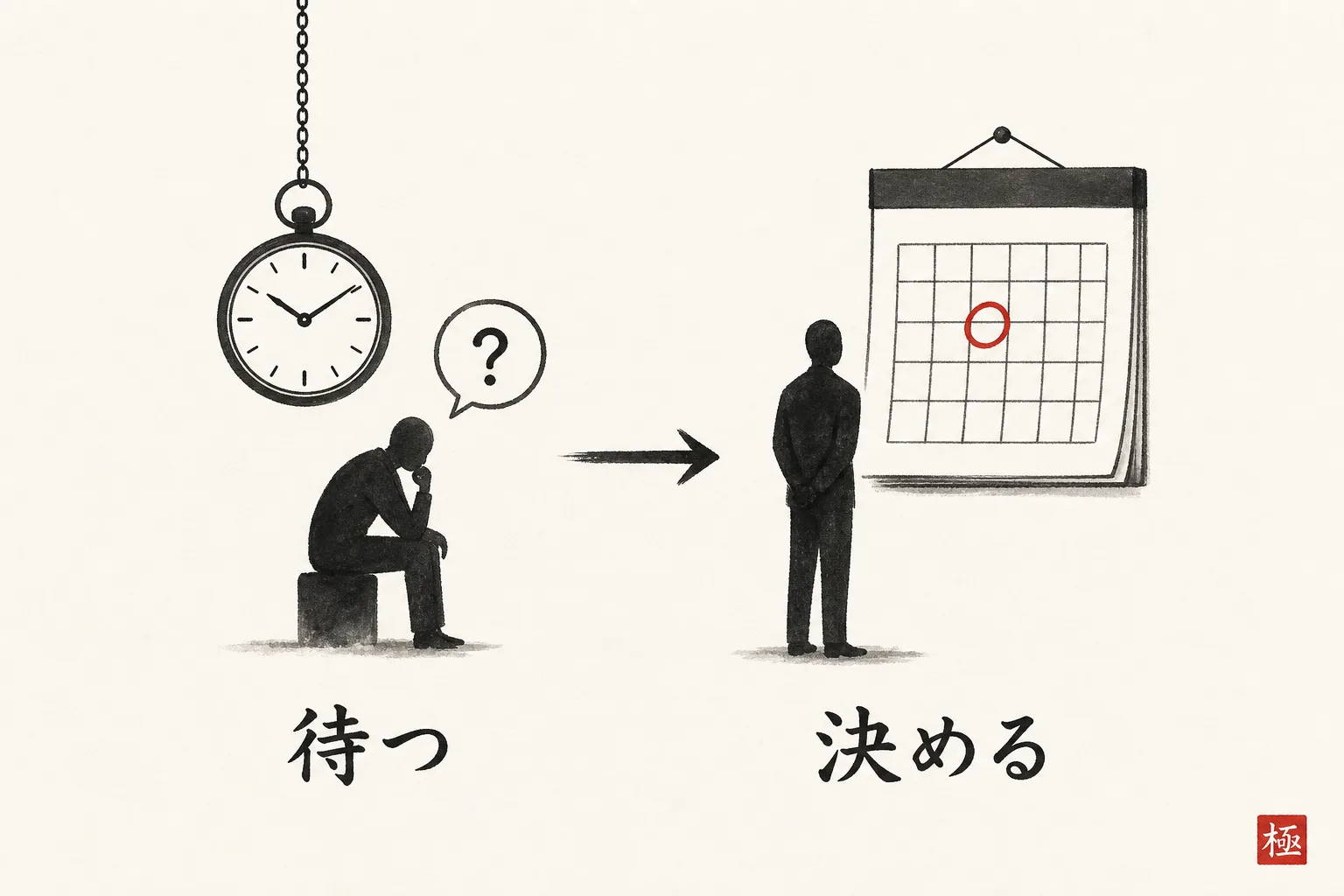 返事を待つだけの状態から、自分の行動日を決めた状態への変化を示す図