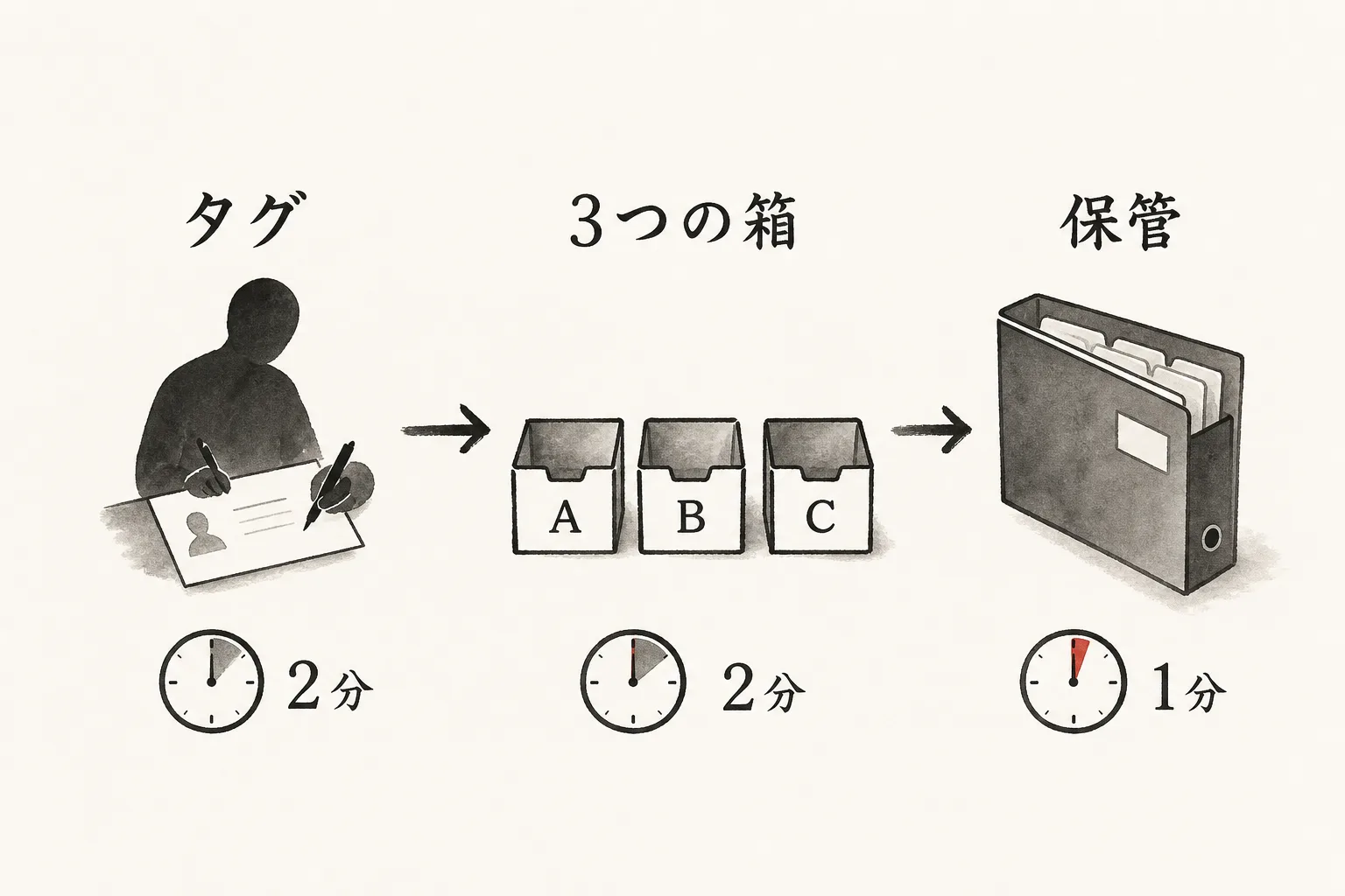タグ記入から箱分け、保管ルール確定まで5分の流れ図