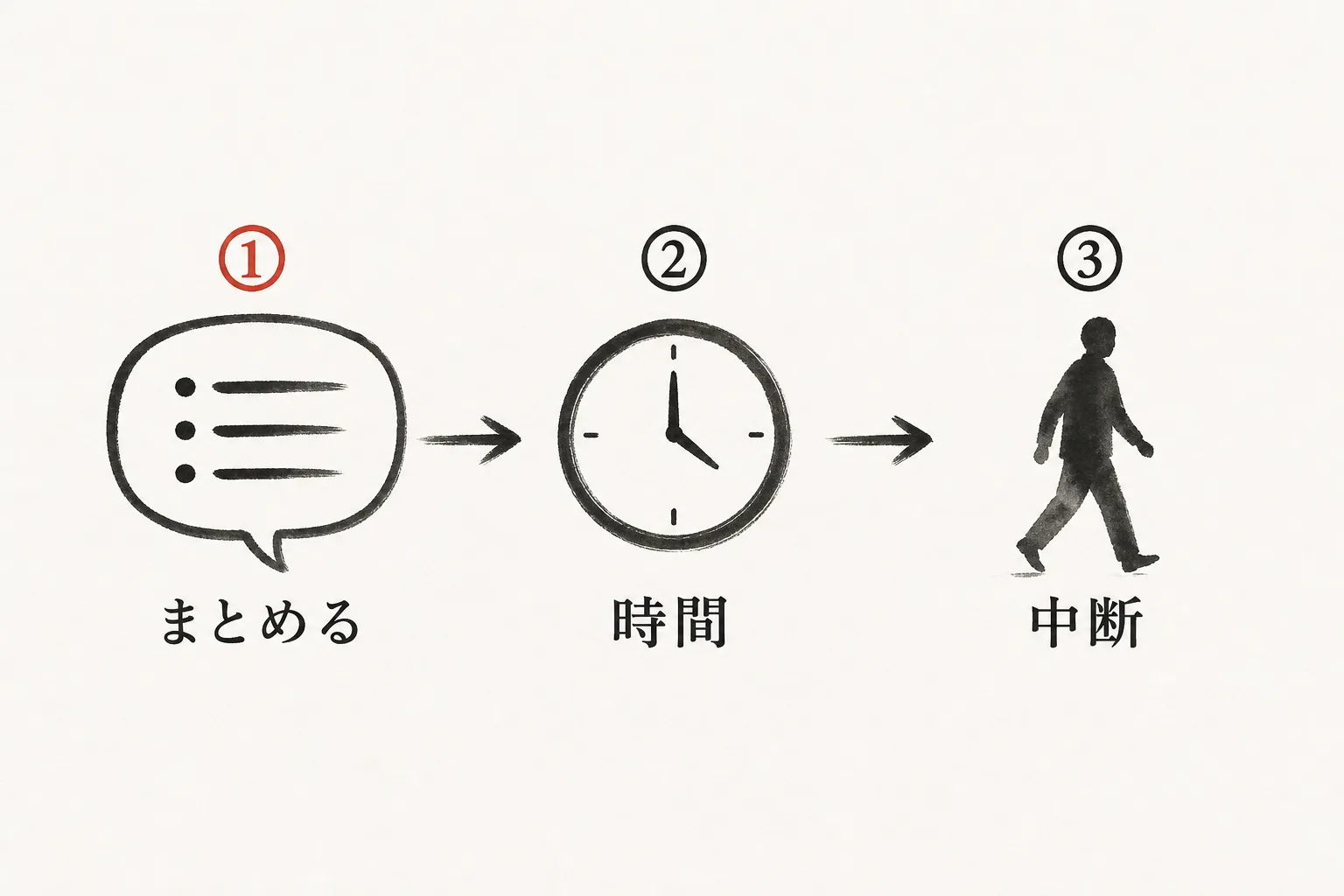 話を切る3つの方法を使う順に並べた図。最後の手段は中断