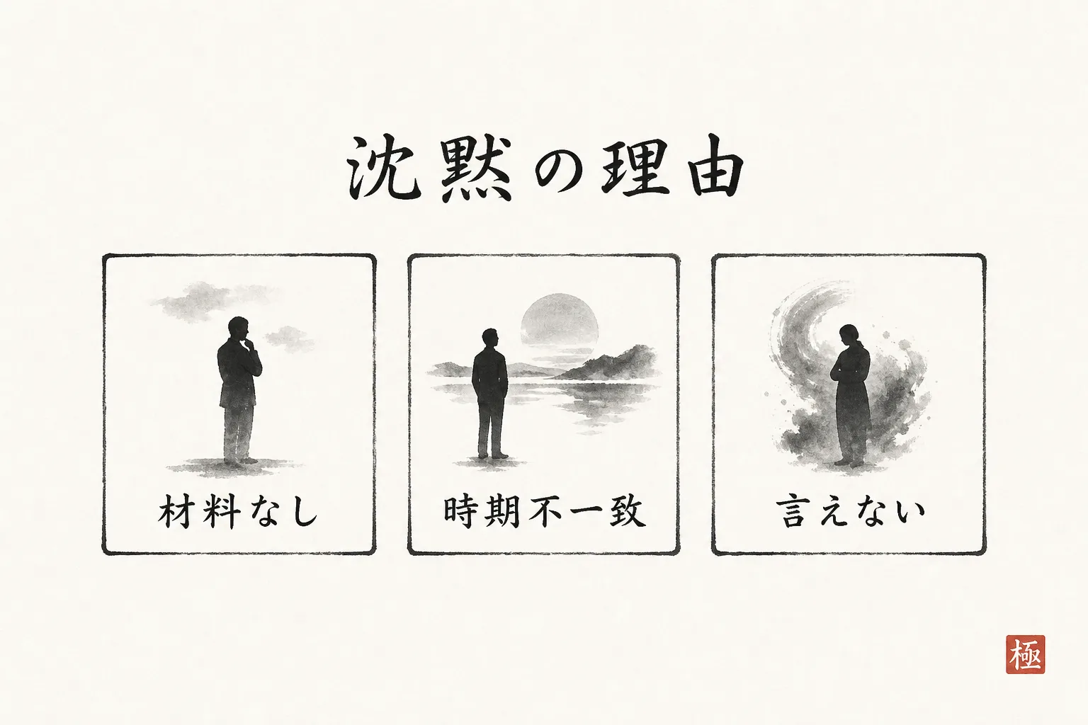 沈黙の裏にある3つの理由(材料不足・時期違い・言い出せない)を並べた構造図