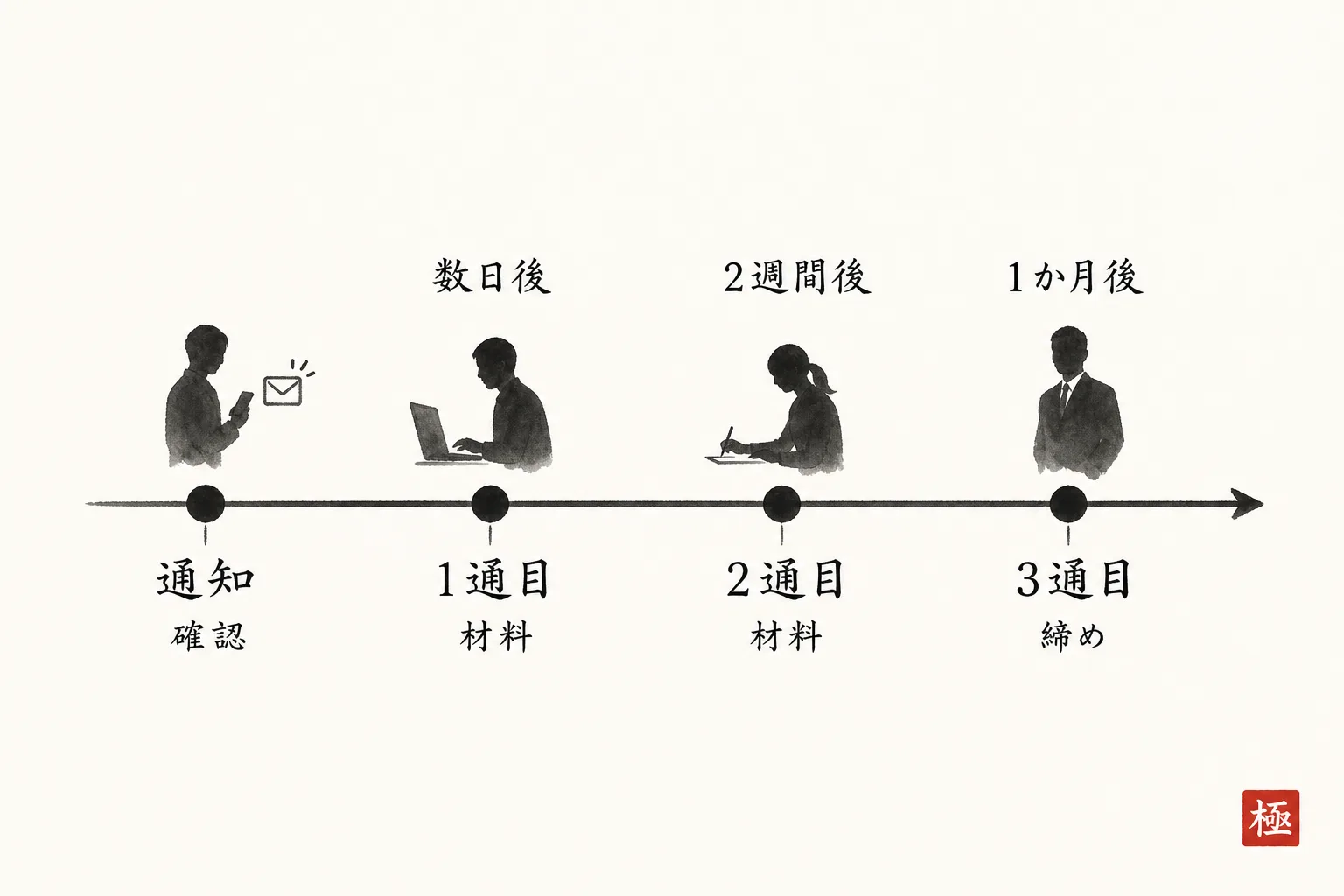 通知後3通のメールを送るタイミングと目的を示す横型タイムライン図