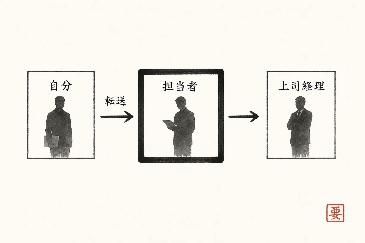 文面が自分から担当者、上司経理へと社内で転送される流れを示す図
