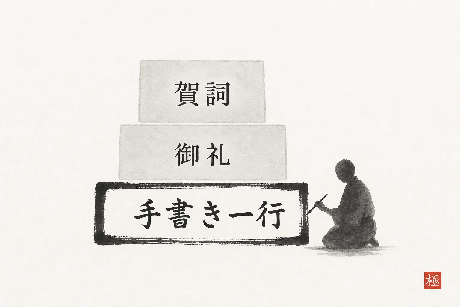 年賀状文面の3層構成(賀詞・御礼・手書き一行)を示す図