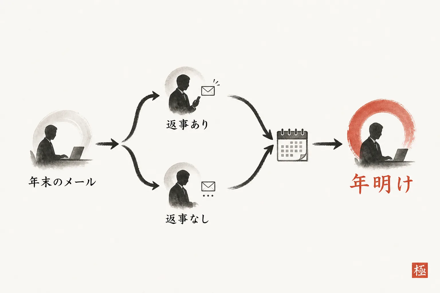 年末のメールから年明けの一通までの流れの図