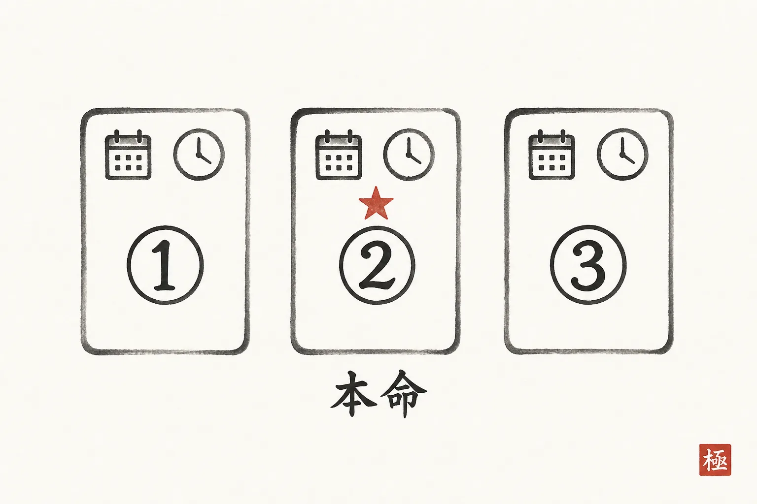 3つの候補日を並べ、本命を2番目に置く配置の図