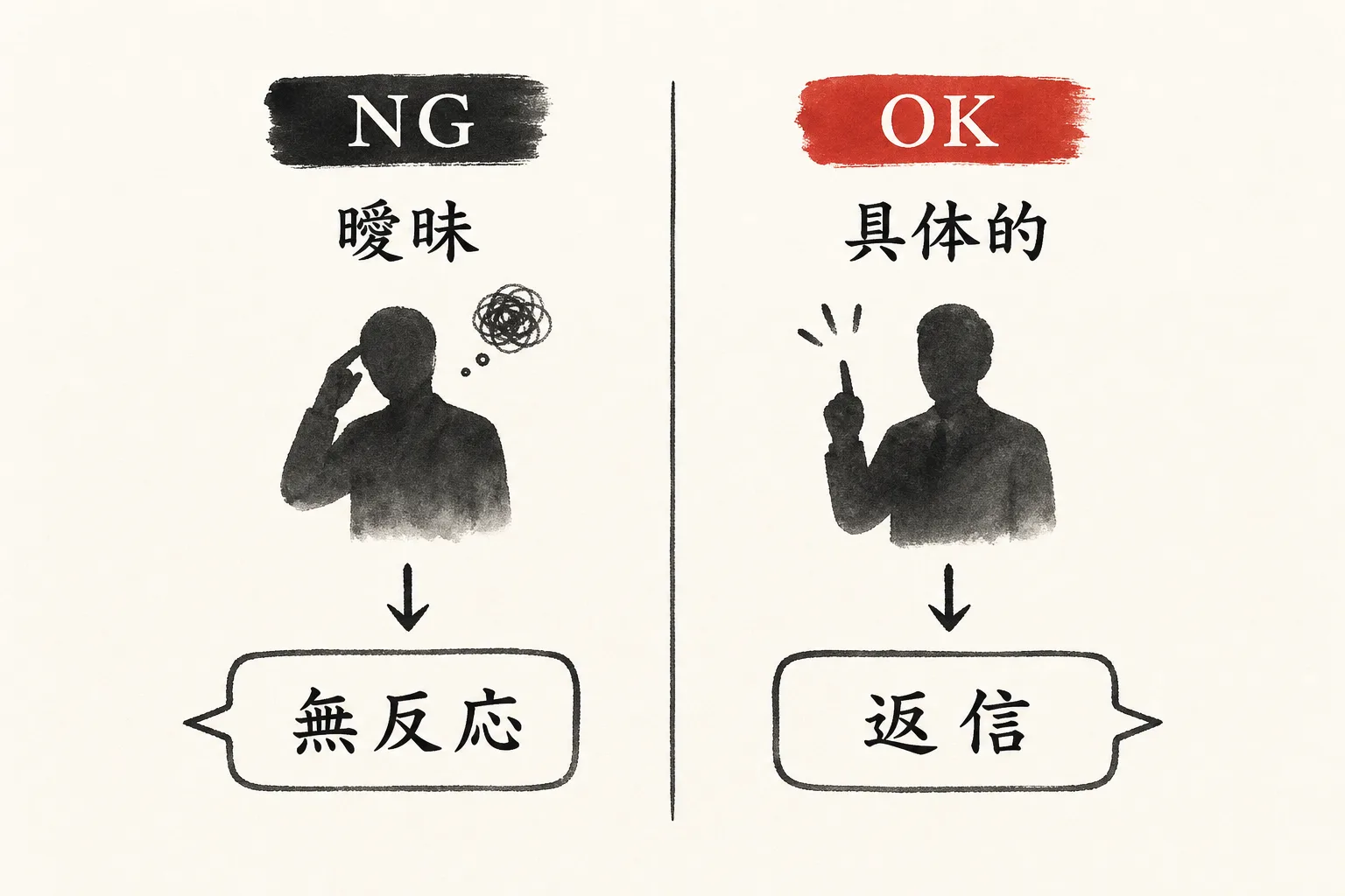 曖昧な依頼と具体的な依頼で相手の反応が変わることを示す対比図