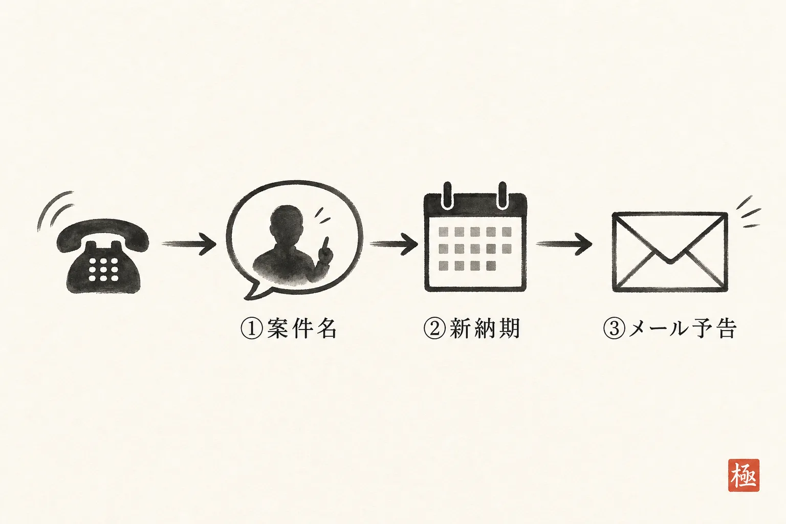 電話で伝える3つの要点を順番に示すステップ図