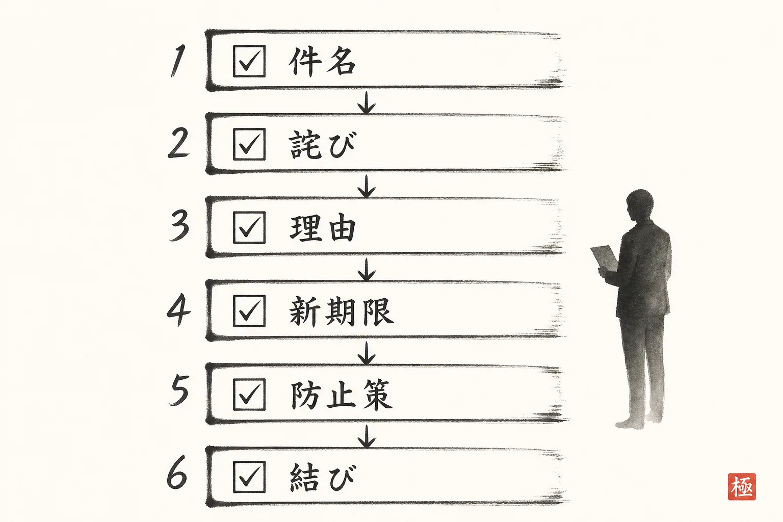 お詫びメールを構成する6要素を順序立てたチェック図